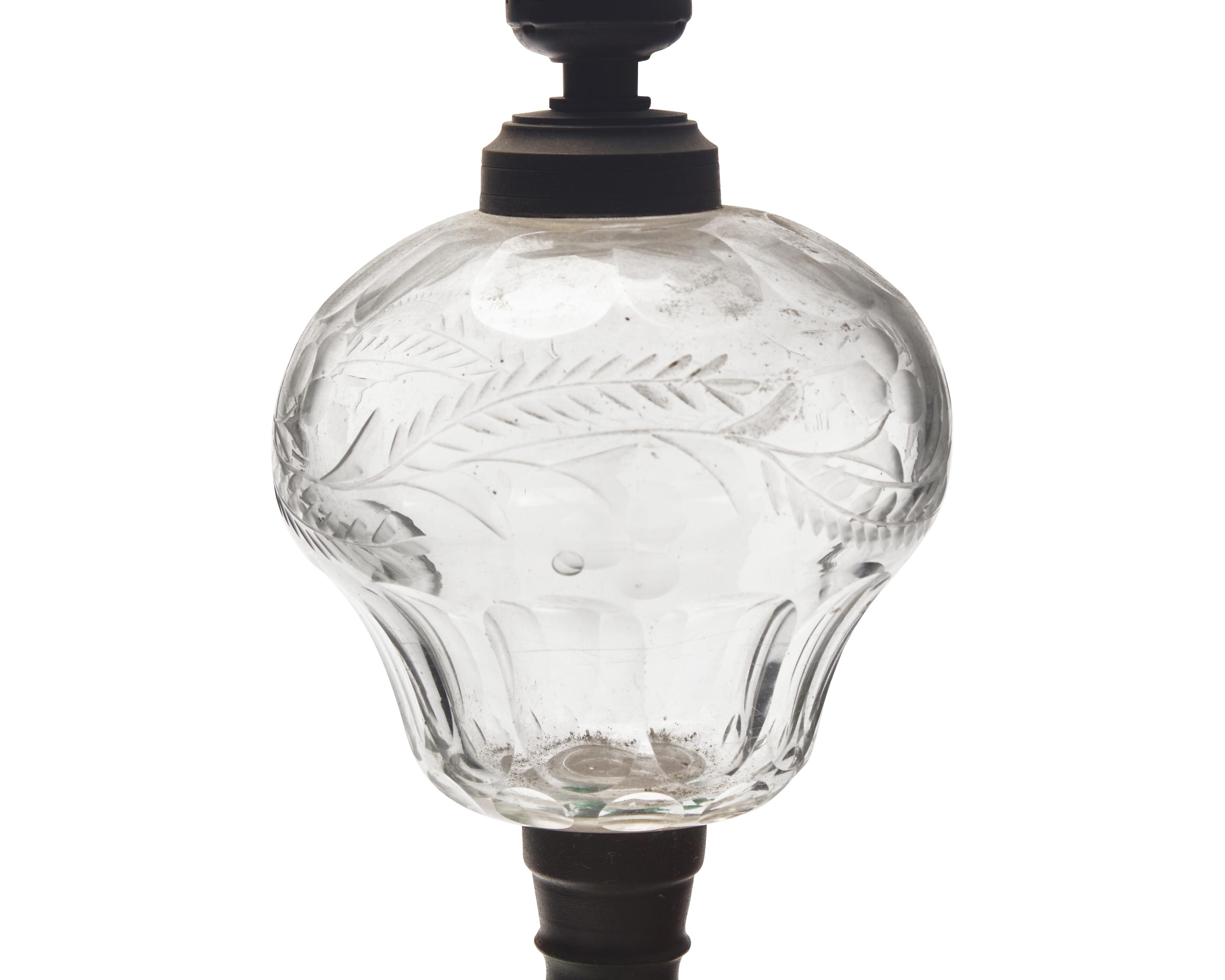 A Pressed Jade Green and Etched Clear Glass Kerosene Lamp