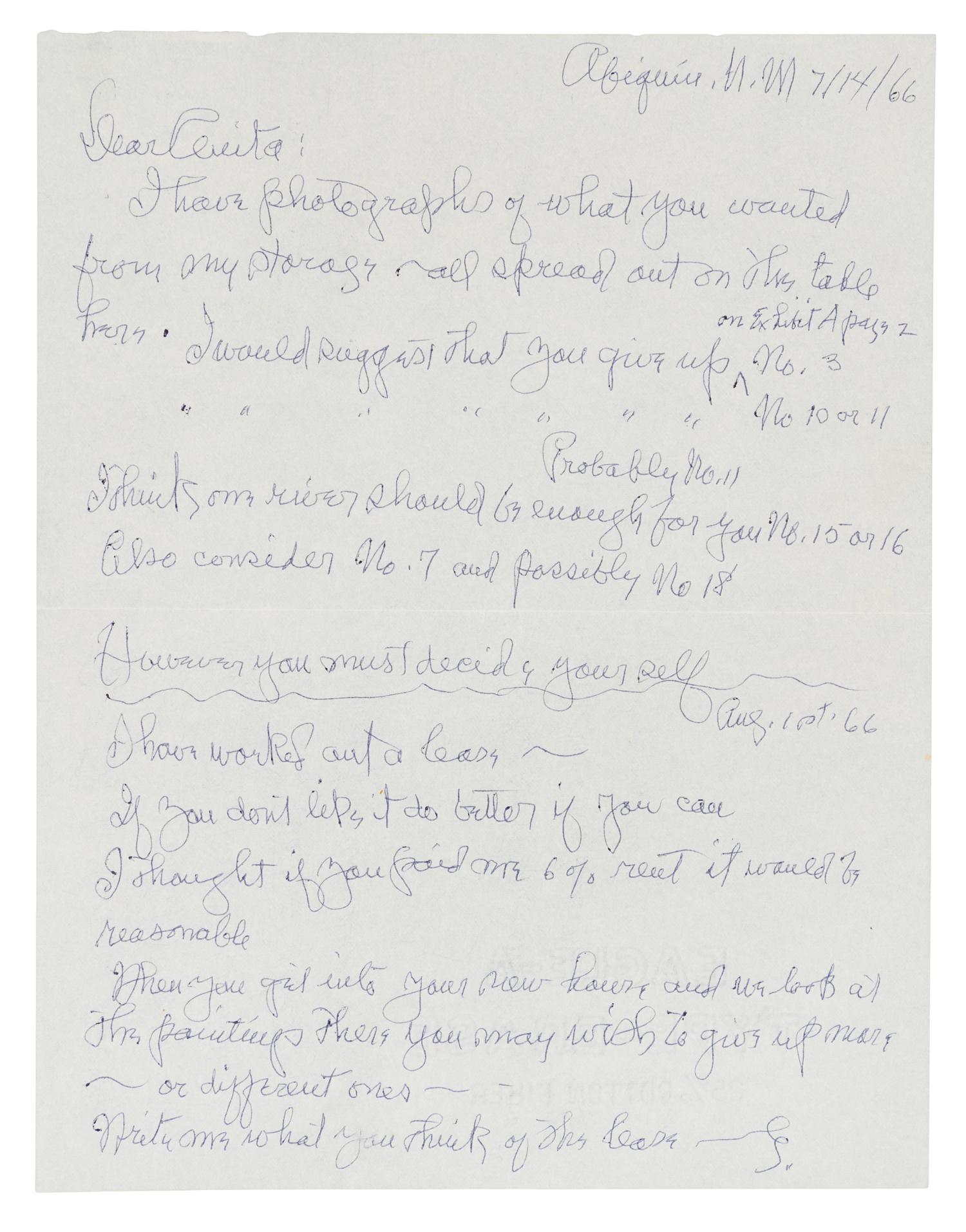 O'KEEFFE, Georgia. Autographed letter twice signed ("G" both times), to Anita [Young, her sister], Abiquiu, New Mexico, 14 July 1966.