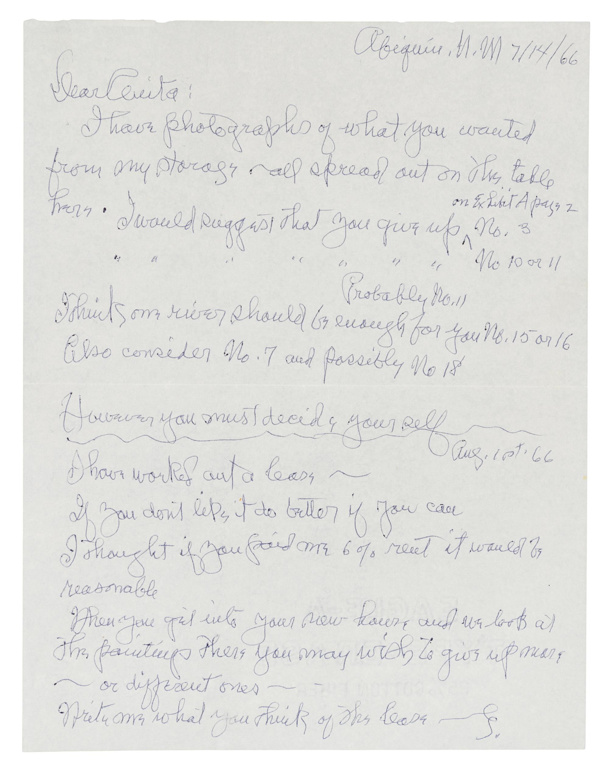O'KEEFFE, Georgia. Autographed letter twice signed ("G" both times), to Anita [Young, her sister], Abiquiu, New Mexico, 14 July 1966.