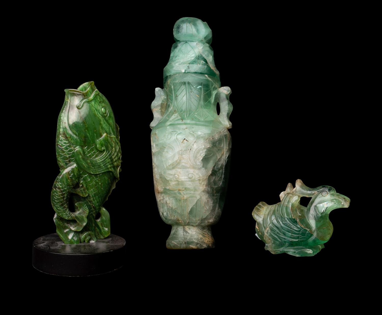 Three Chinese Green Hardstone Carvings
