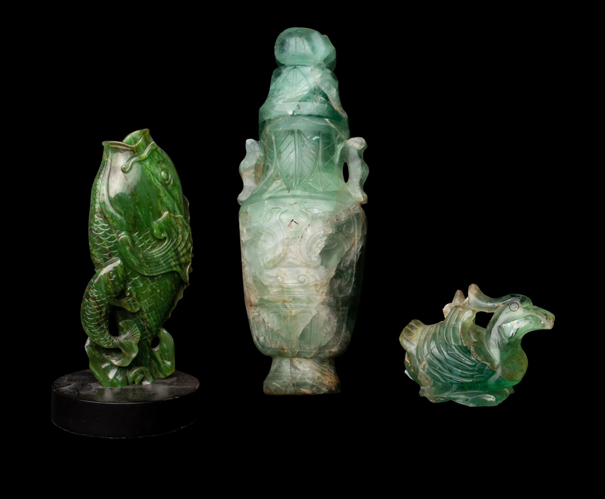 Three Chinese Green Hardstone Carvings