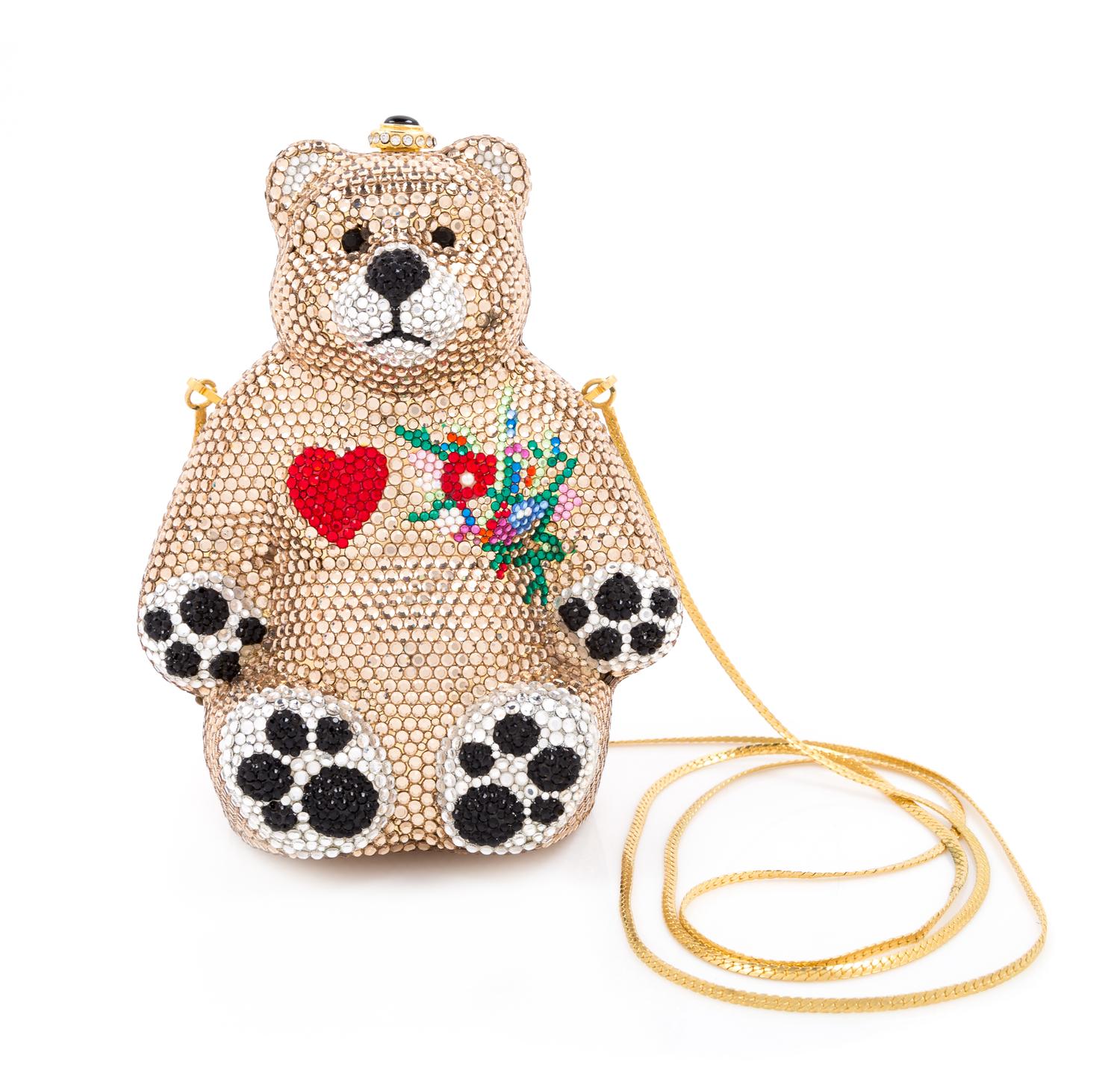 A Kathrine Baumann Gold Crystal Bear Minaudiere, 6" H x 5" W x 3" D.