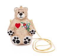 A Kathrine Baumann Gold Crystal Bear Minaudiere, 6" H x 5" W x 3" D.