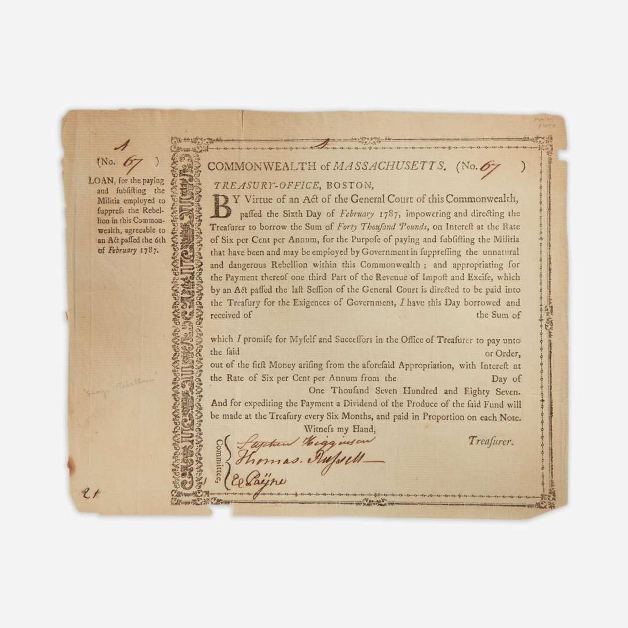 [Americana] [Shays's Rebellion] Partially-printed Commonwealth of Massachusetts Treasury Loan Certificate