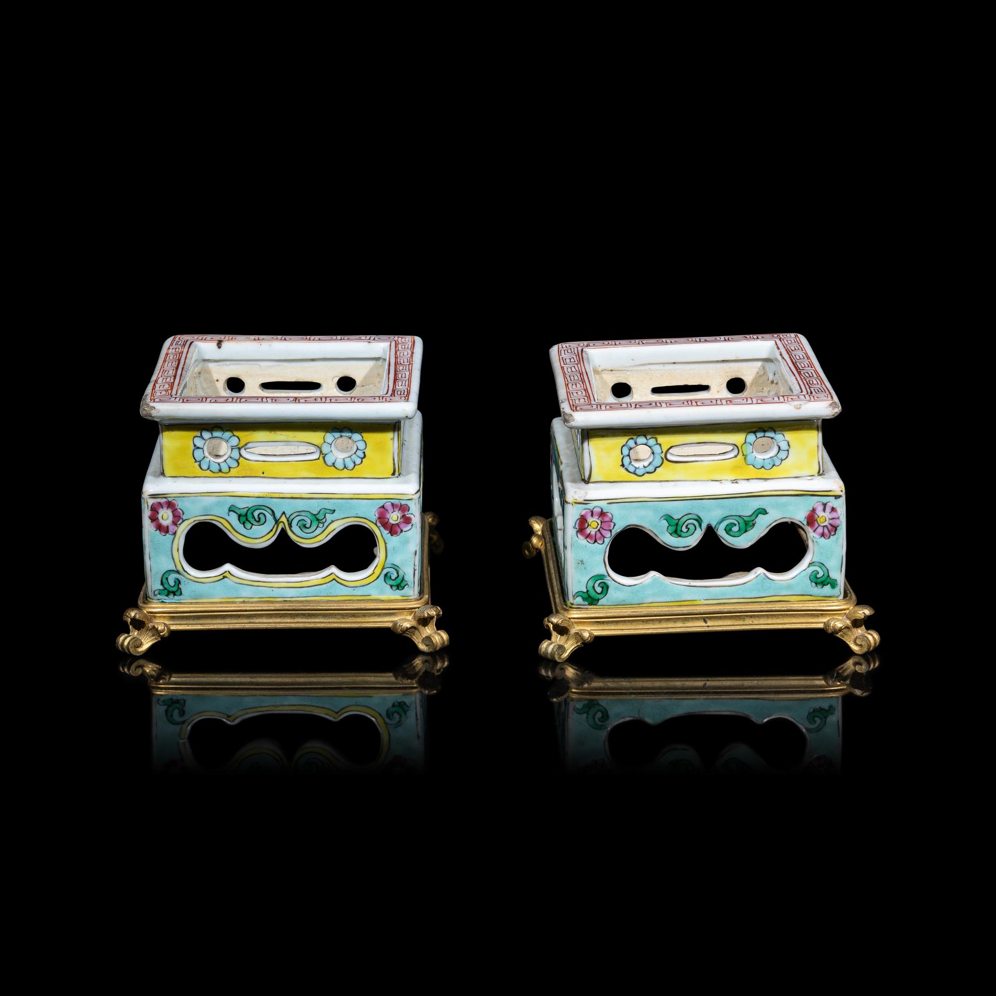 A Pair of Chinese Famille Rose Porcelain 'Cranes and Deer' Square-Section Vases, Qing Dynasty 清 粉彩鹿鶴同春方瓶一對