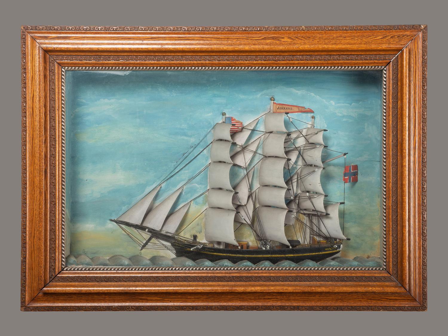 A Carved and Painted Wood Ship Diorama