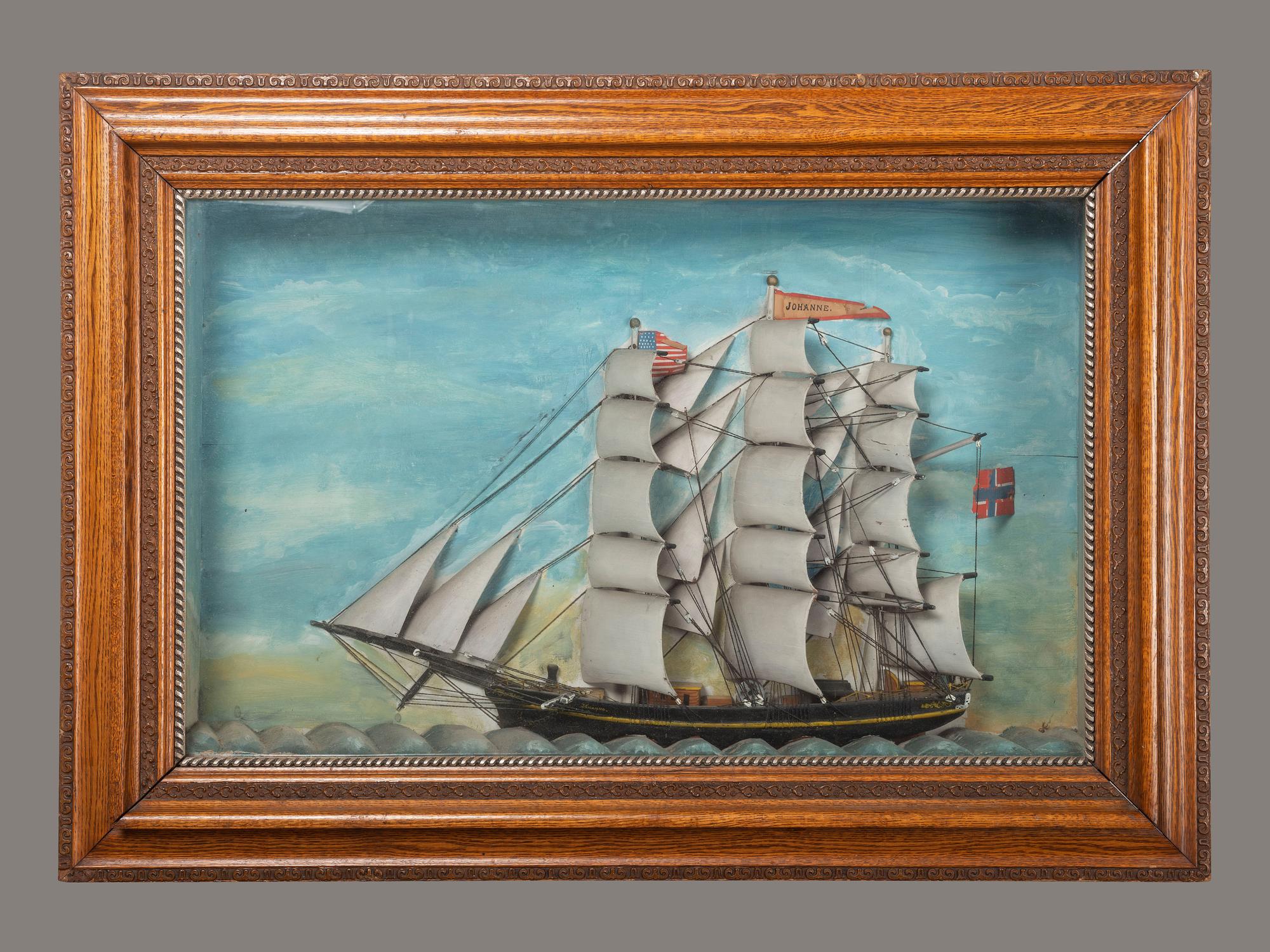 A Carved and Painted Wood Ship Diorama