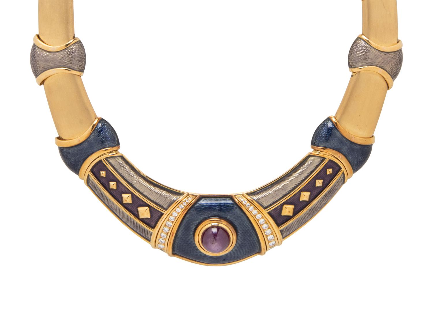 LEO DE VROOMEN, YELLOW GOLD, STAR RUBY, ENAMEL, AND DIAMOND NECKLACE