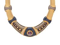LEO DE VROOMEN, YELLOW GOLD, STAR RUBY, ENAMEL, AND DIAMOND NECKLACE