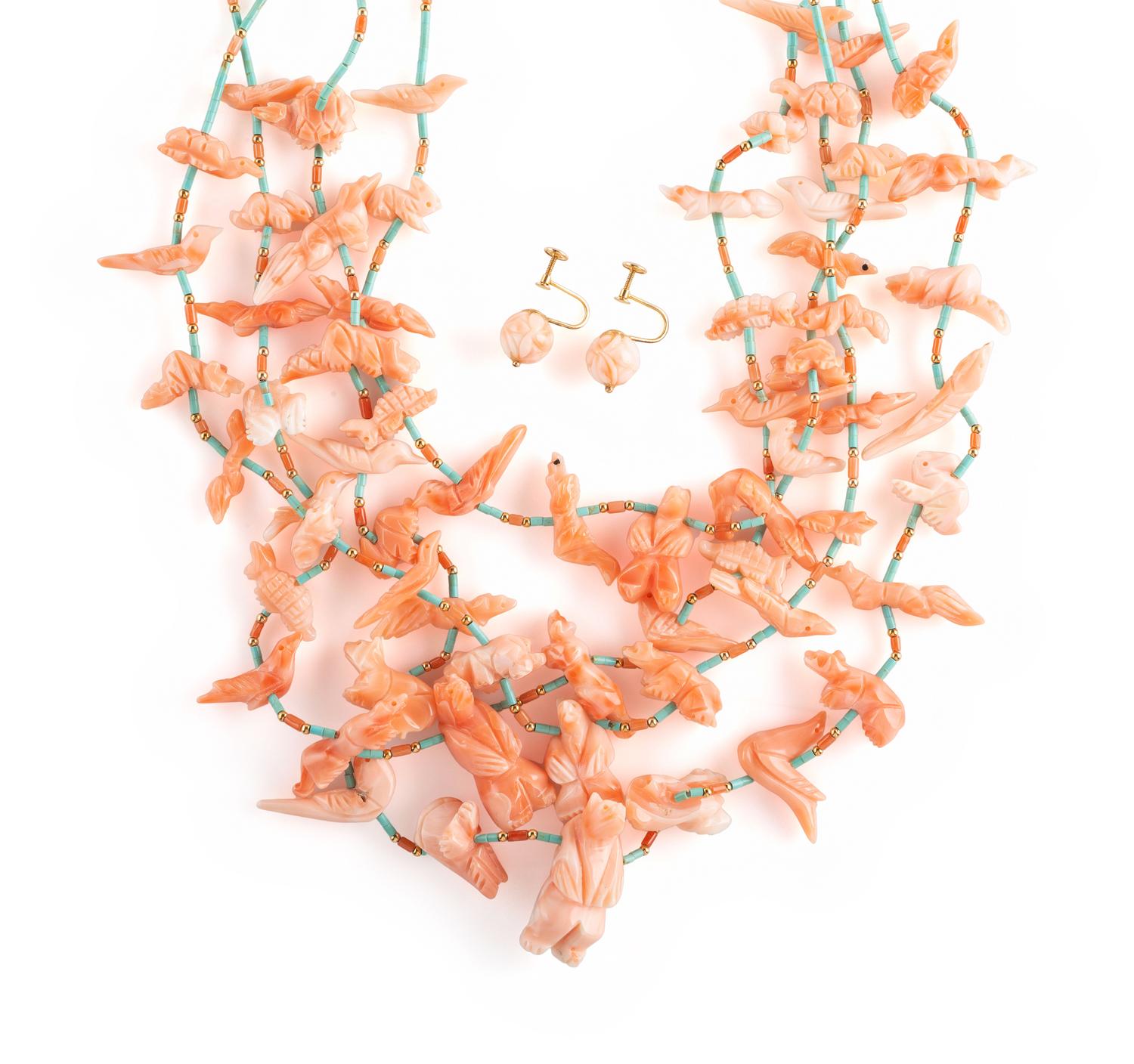 Zuni Multi-strand Fetishe Necklace, with Gold Findings, PLUS Screwback Earrings