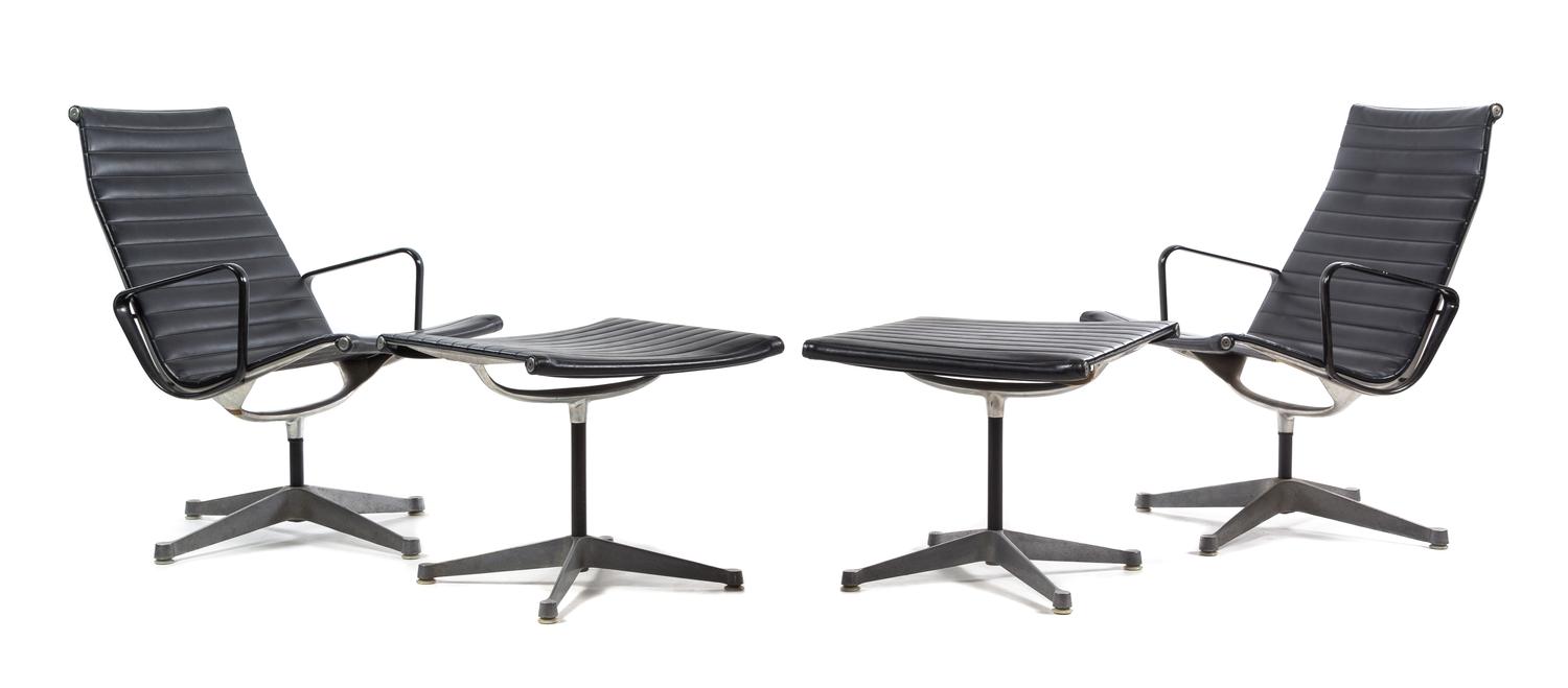Charles and Ray Eames (American, 1907-1978; 1912-1988), HERMAN MILLER, c. 1958, a pair of Aluminum Group lounge chairs and ottomans