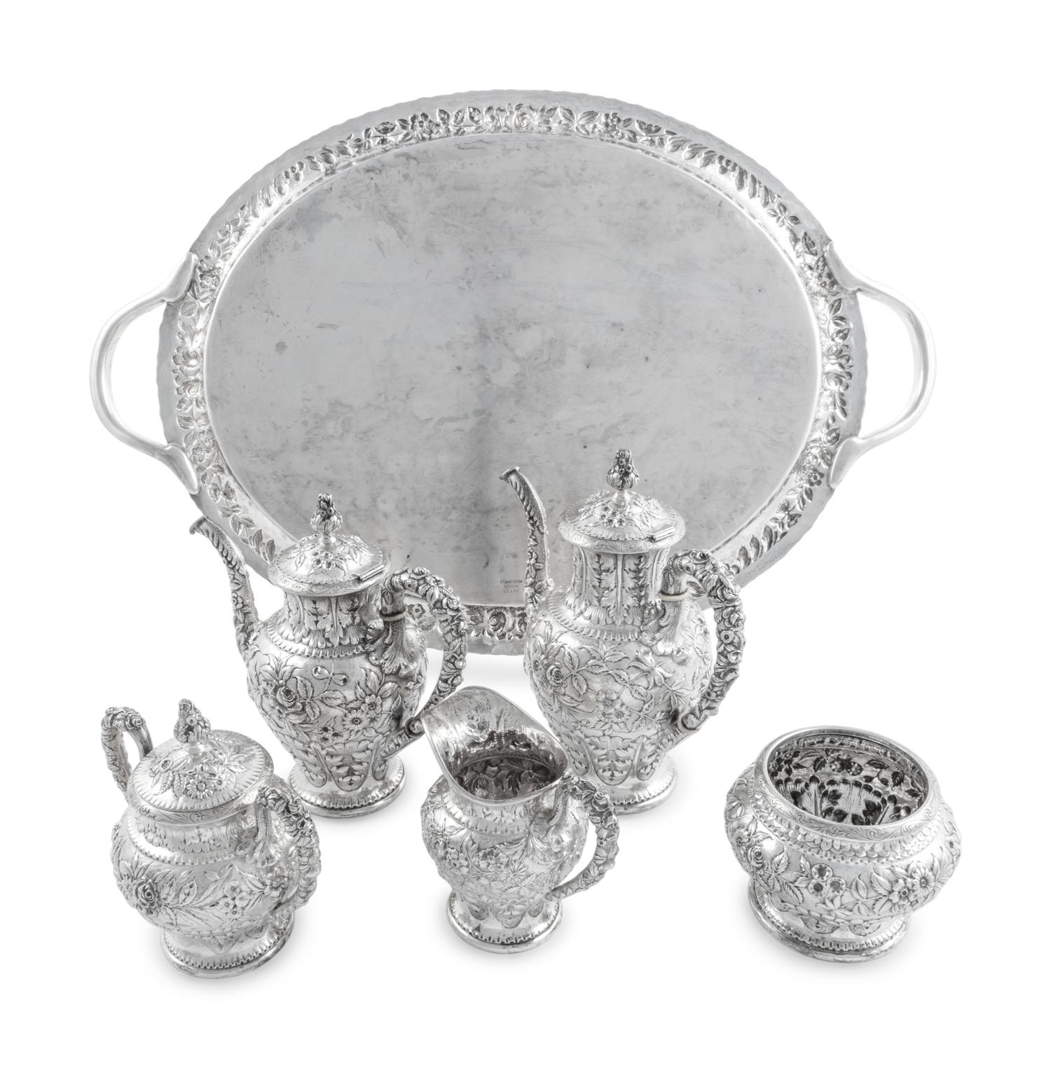 An American Silver Repoussé Six-Piece Tea and Coffee Service