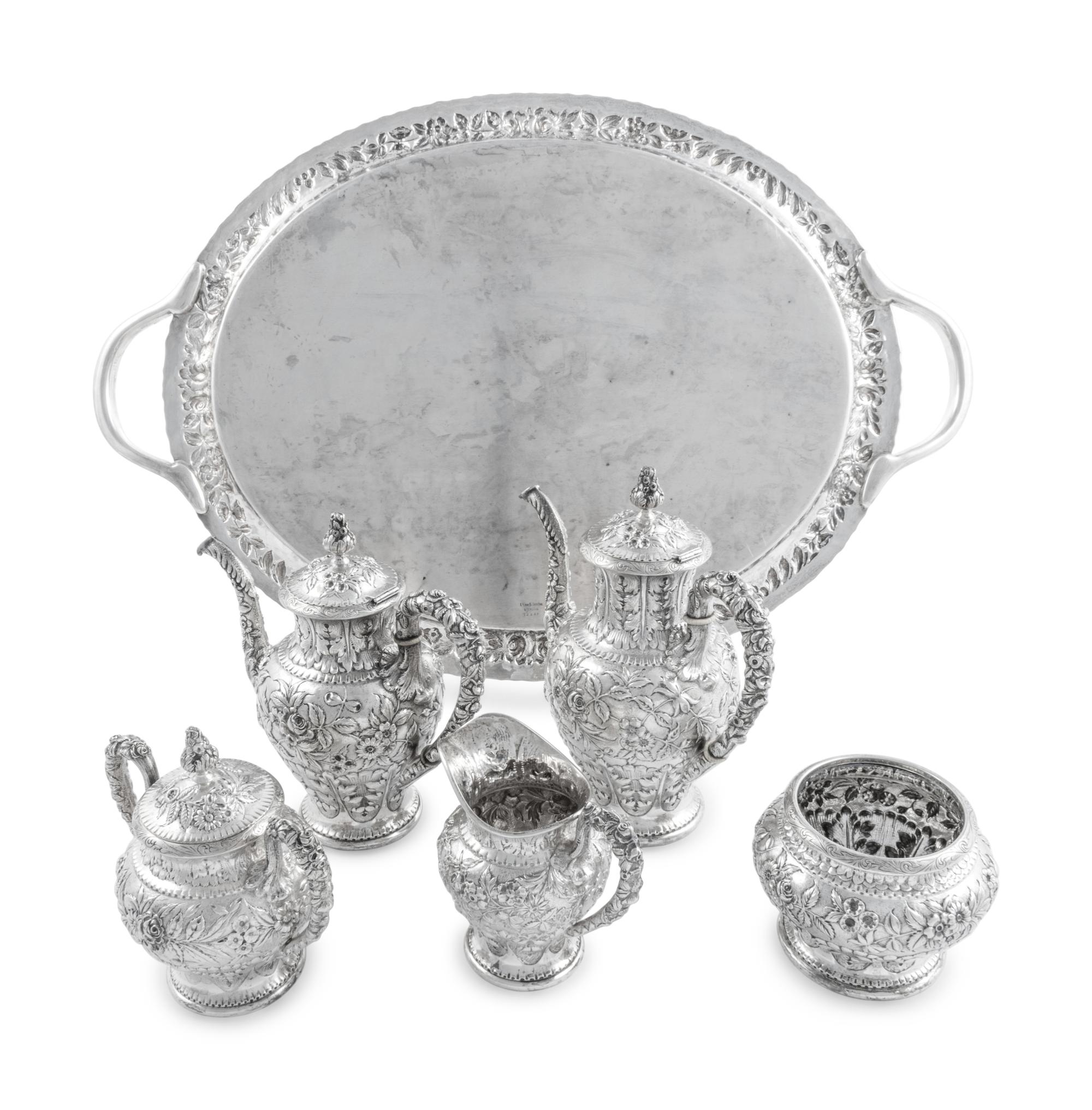 An American Silver Repoussé Six-Piece Tea and Coffee Service