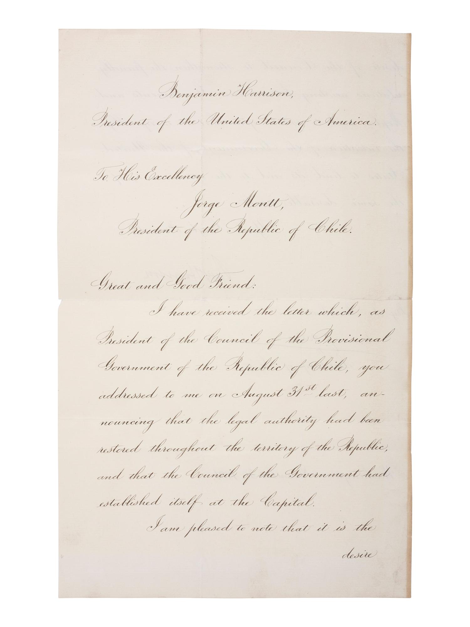 [US PRESIDENTS] -- [HARRISON, Benjamin (1833-1901)]. Letter Signed as President, to Chilean President Jorge Montt Álvarez. Washington, DC, 30 November 1891.