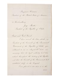 [US PRESIDENTS] -- [HARRISON, Benjamin (1833-1901)]. Letter Signed as President, to Chilean President Jorge Montt Álvarez. Washington, DC, 30 November 1891.