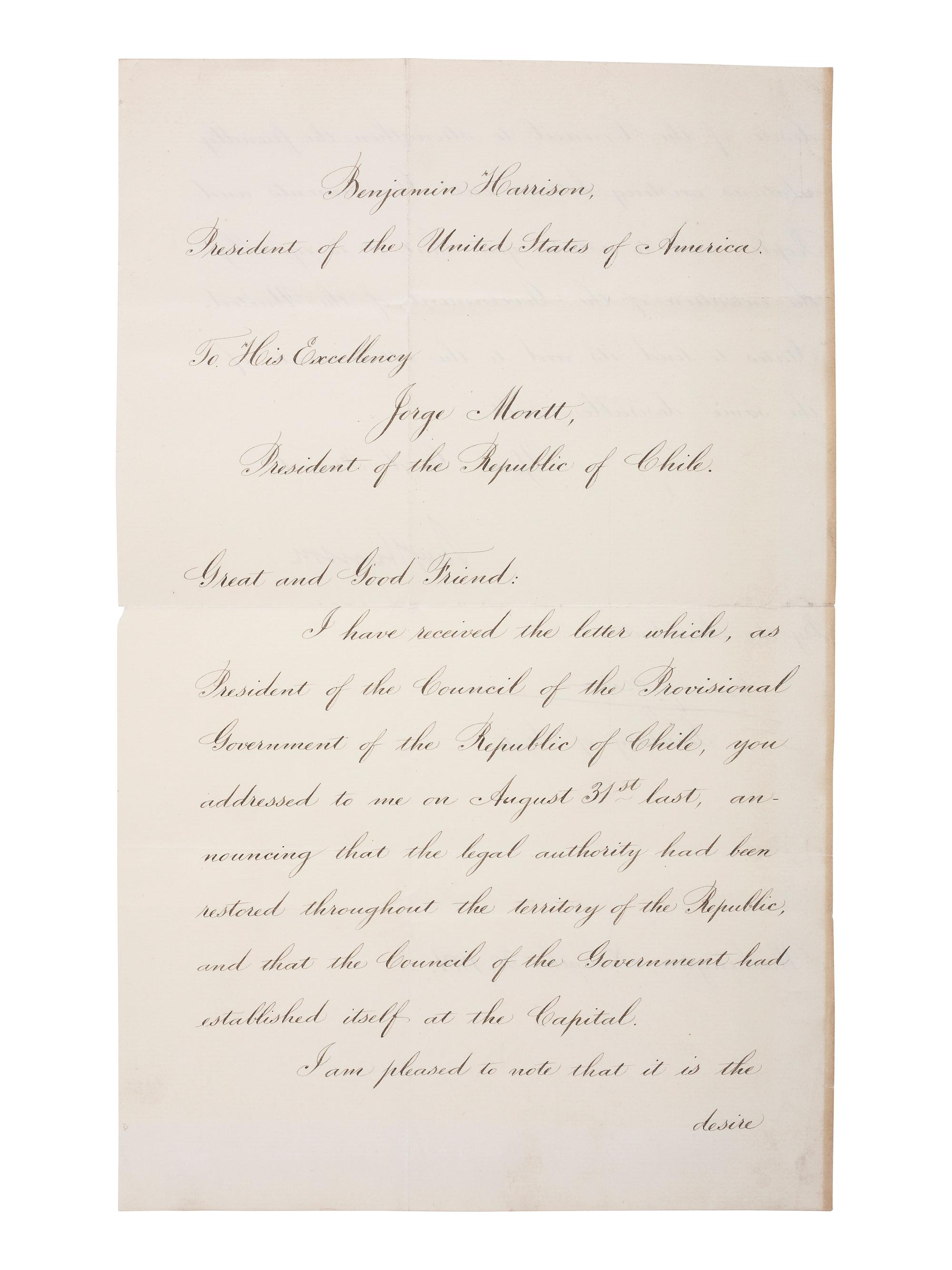 [US PRESIDENTS] -- [HARRISON, Benjamin (1833-1901)]. Letter Signed as President, to Chilean President Jorge Montt Álvarez. Washington, DC, 30 November 1891.