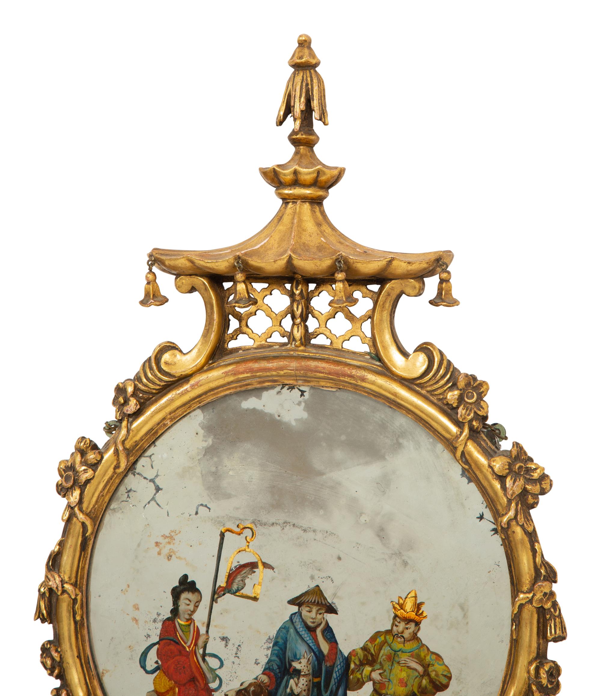 An English Giltwood and Reverse-Painted Glass Mirror