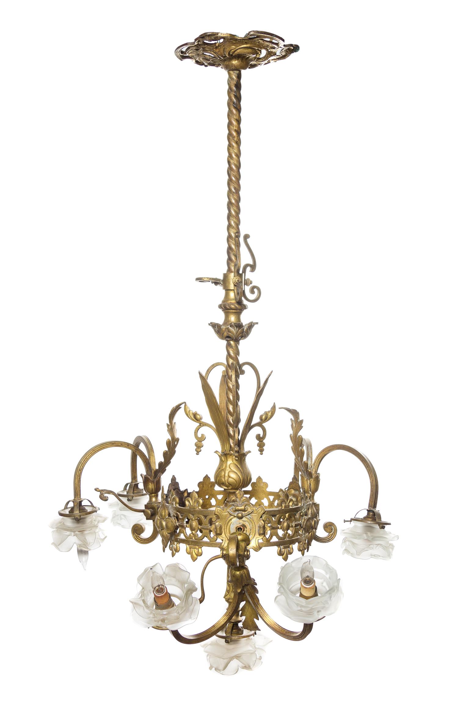 A Victorian Gilt Bronze Seven-Light Chandelier, Height 40 x diameter 22 inches.