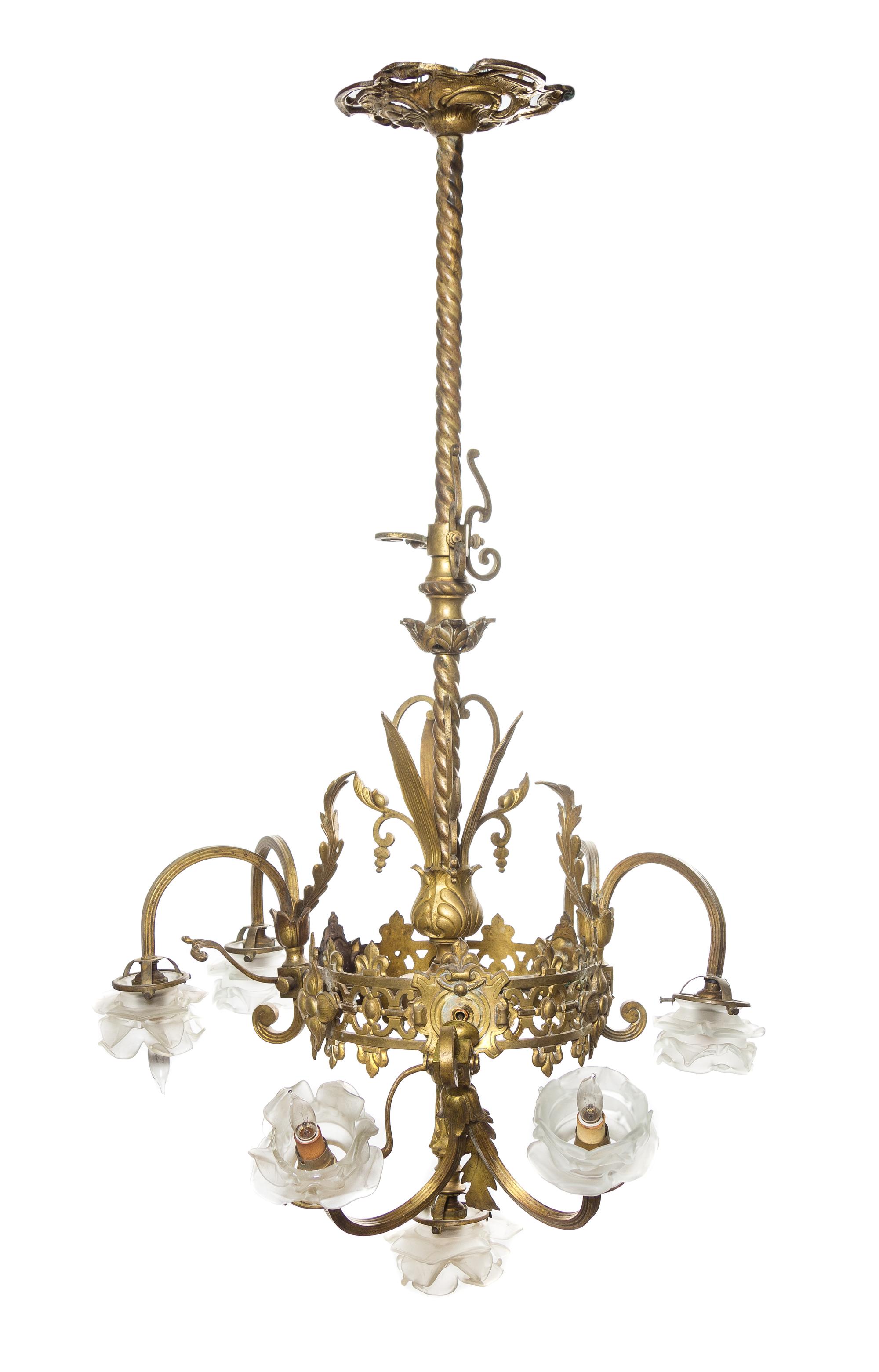 A Victorian Gilt Bronze Seven-Light Chandelier, Height 40 x diameter 22 inches.