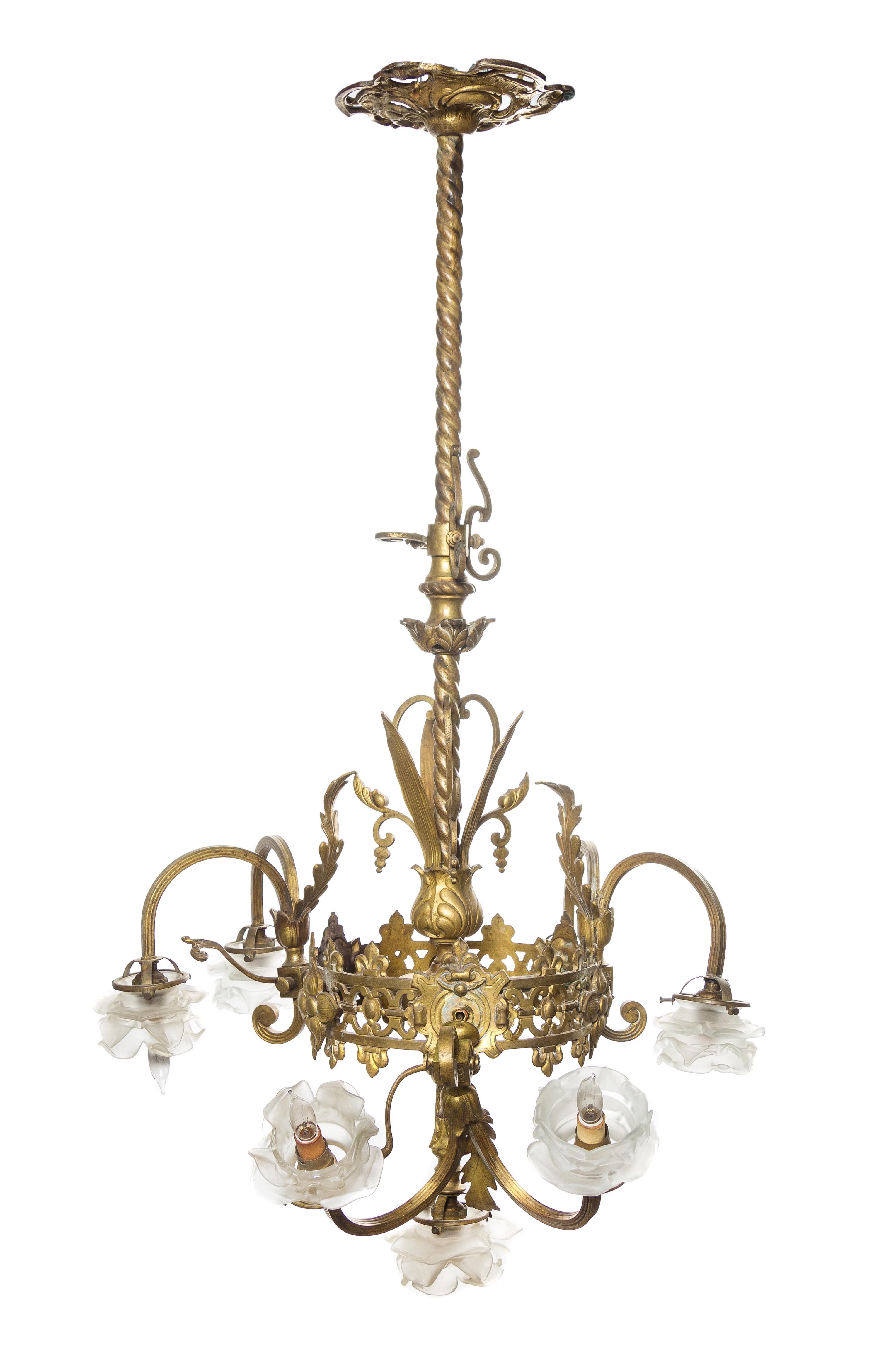 A Victorian Gilt Bronze Seven-Light Chandelier, Height 40 x diameter 22 inches.