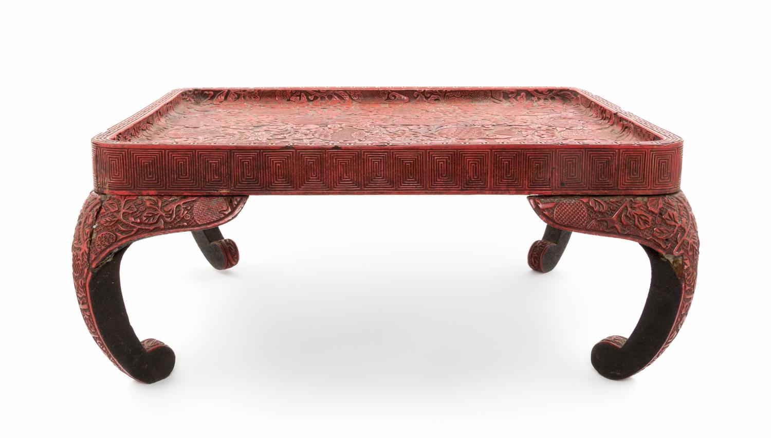 A Cinnabar Larquer Table Height 11 x length 24 x depth 18 inches.