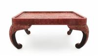 A Cinnabar Larquer Table Height 11 x length 24 x depth 18 inches.