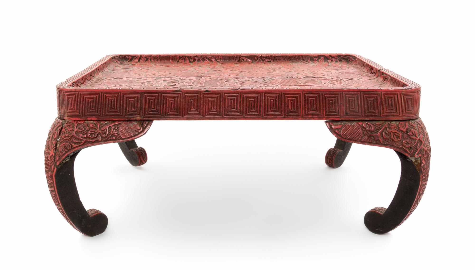 A Cinnabar Larquer Table Height 11 x length 24 x depth 18 inches.