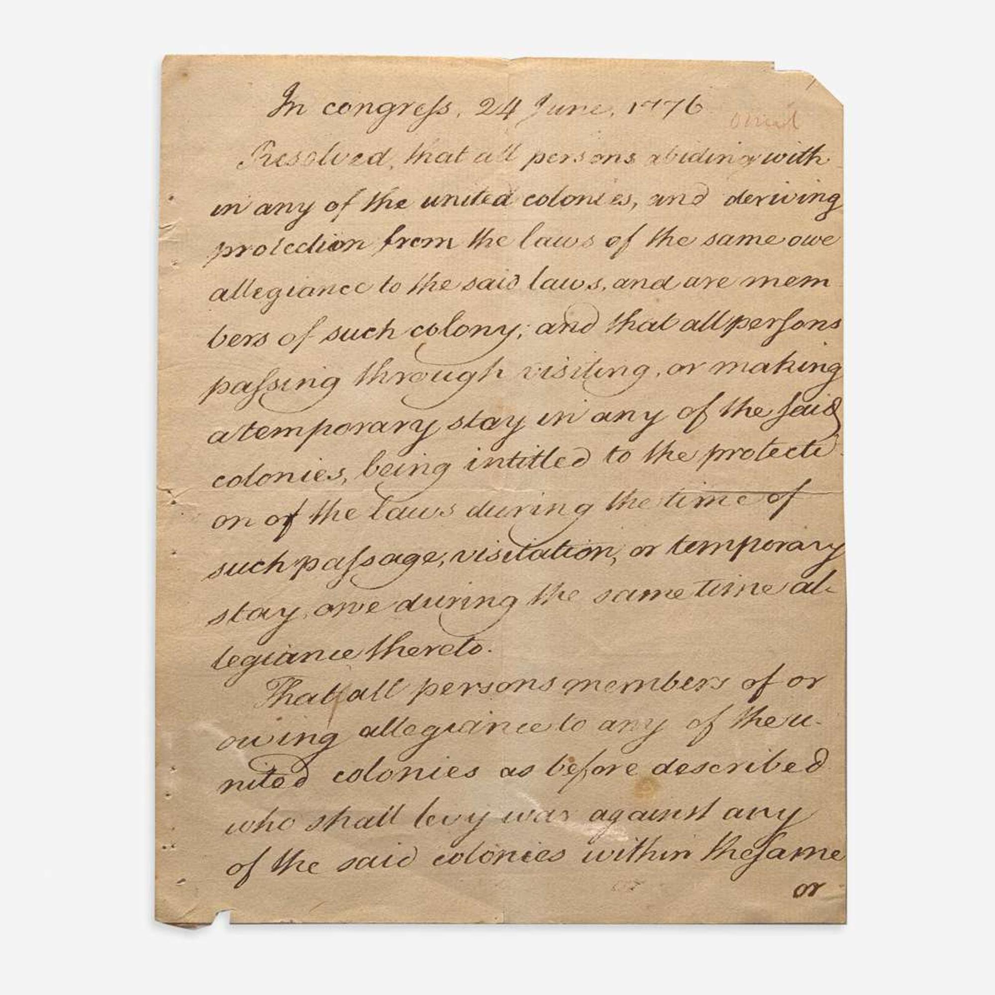 [Americana] [American Revolution] Thomson, Charles Manuscript Document, signed