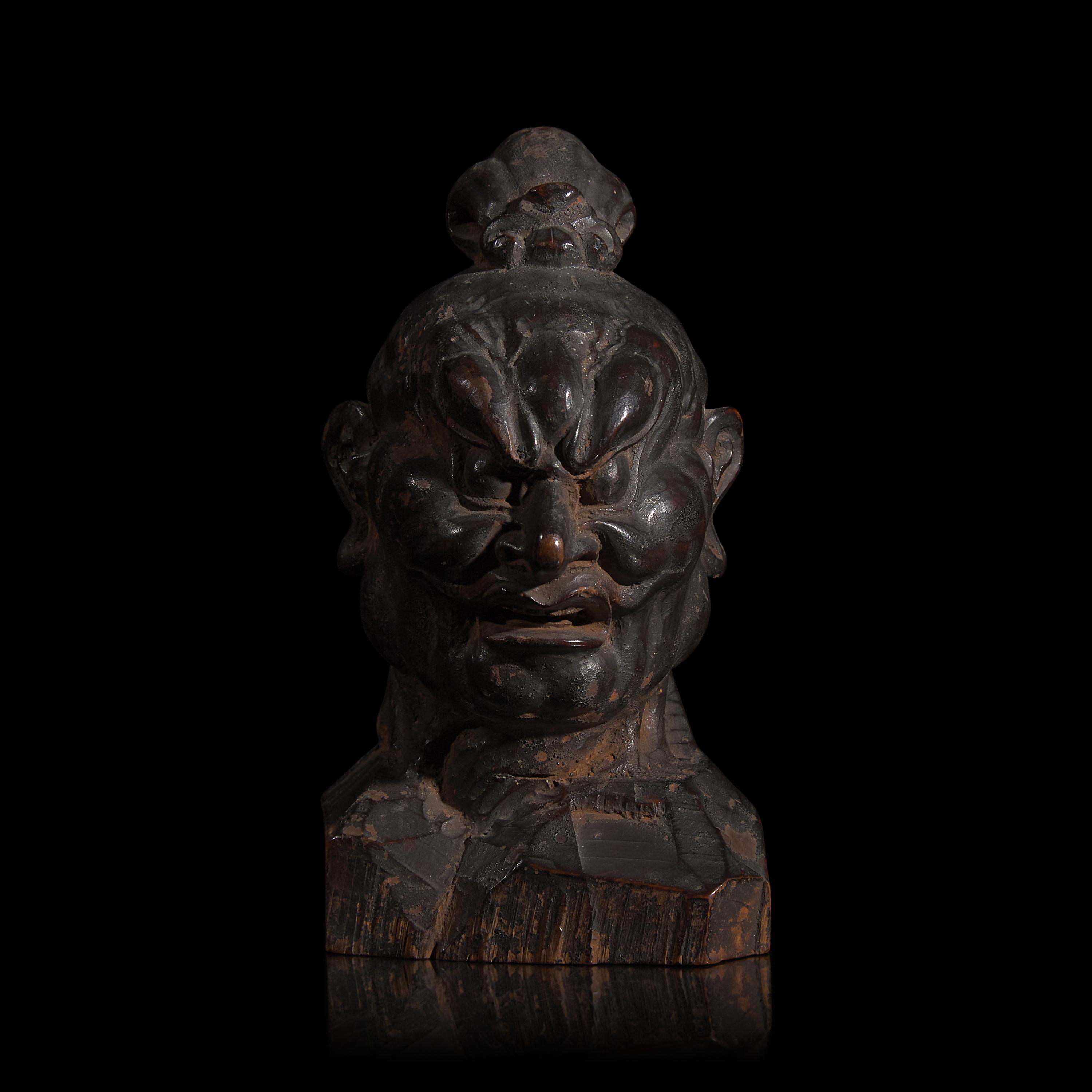 A Small Japanese Carved and Lacquered Wood Head of a Nio Guardian, Agyo , Possibly Muramachi Period