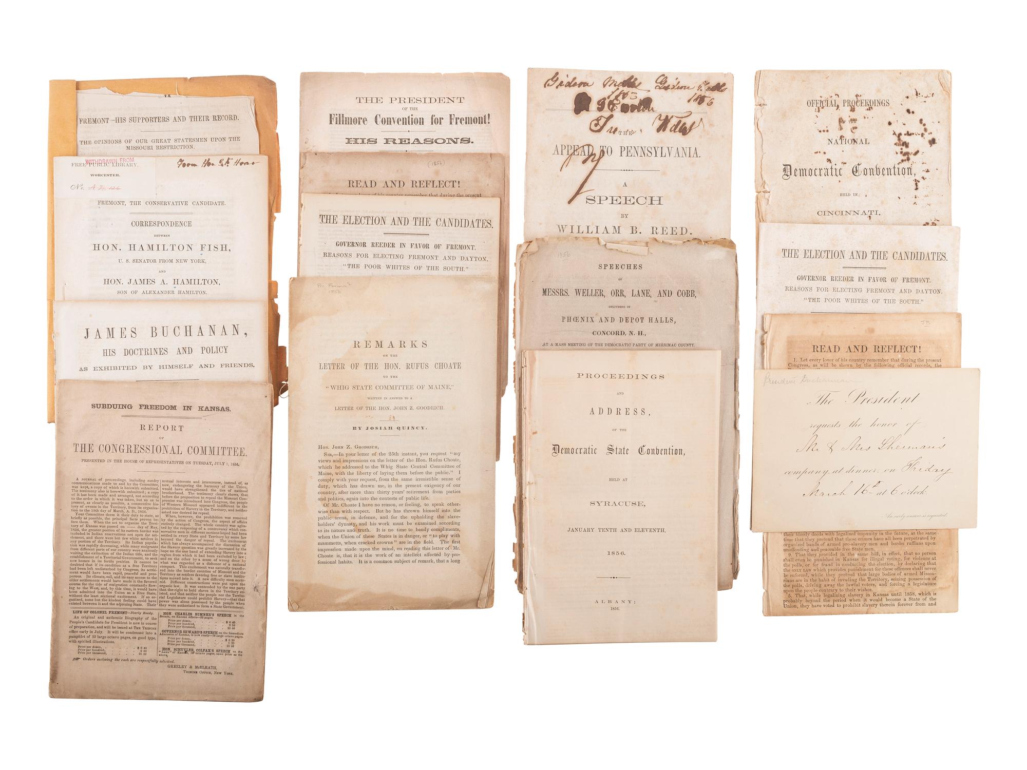 [POLITICS IN AMERICA -- 1856 ELECTION]. A group of campaign pamphlets with printed campaign portraits of John C. Frémont and a President Buchanan invitation.