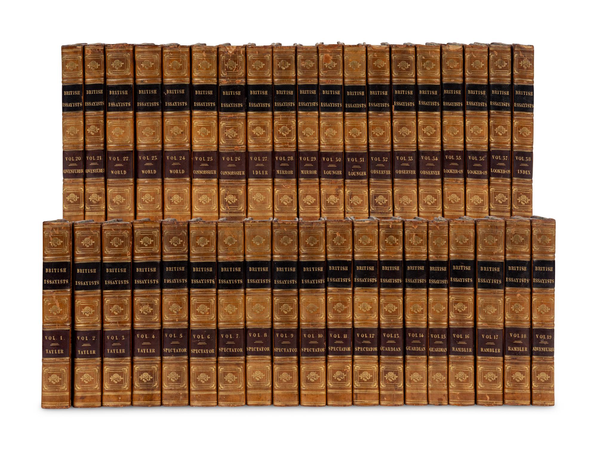 [BINDINGS]. A group of approximately 76 volumes, most in contemporary leather bindings, including works related to British history, illustration, and literature, comprising: