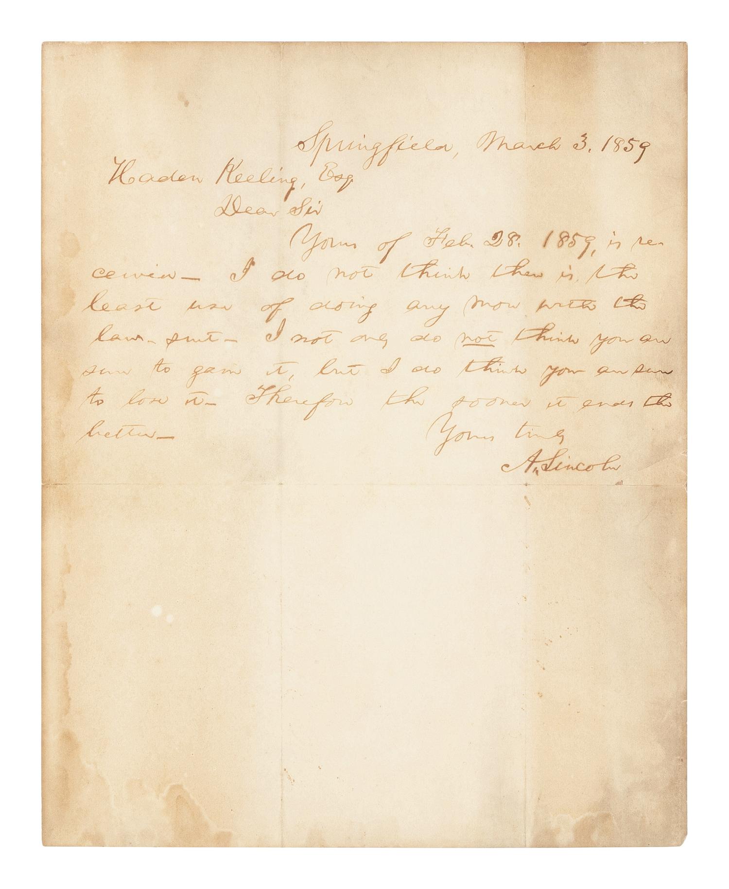 [Presidential] Lincoln, Abraham. Autograph Letter, signed