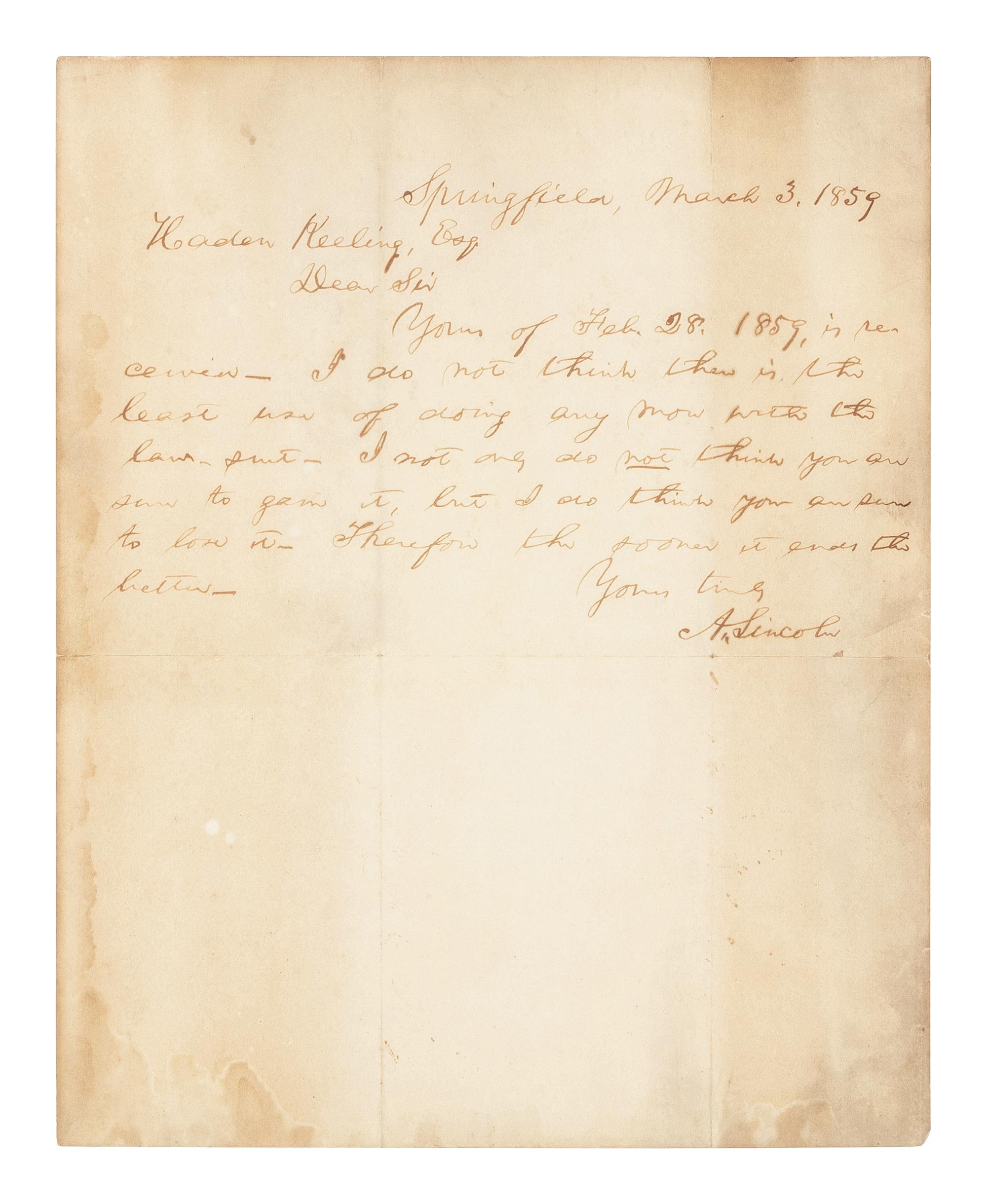 [Presidential] Lincoln, Abraham. Autograph Letter, signed