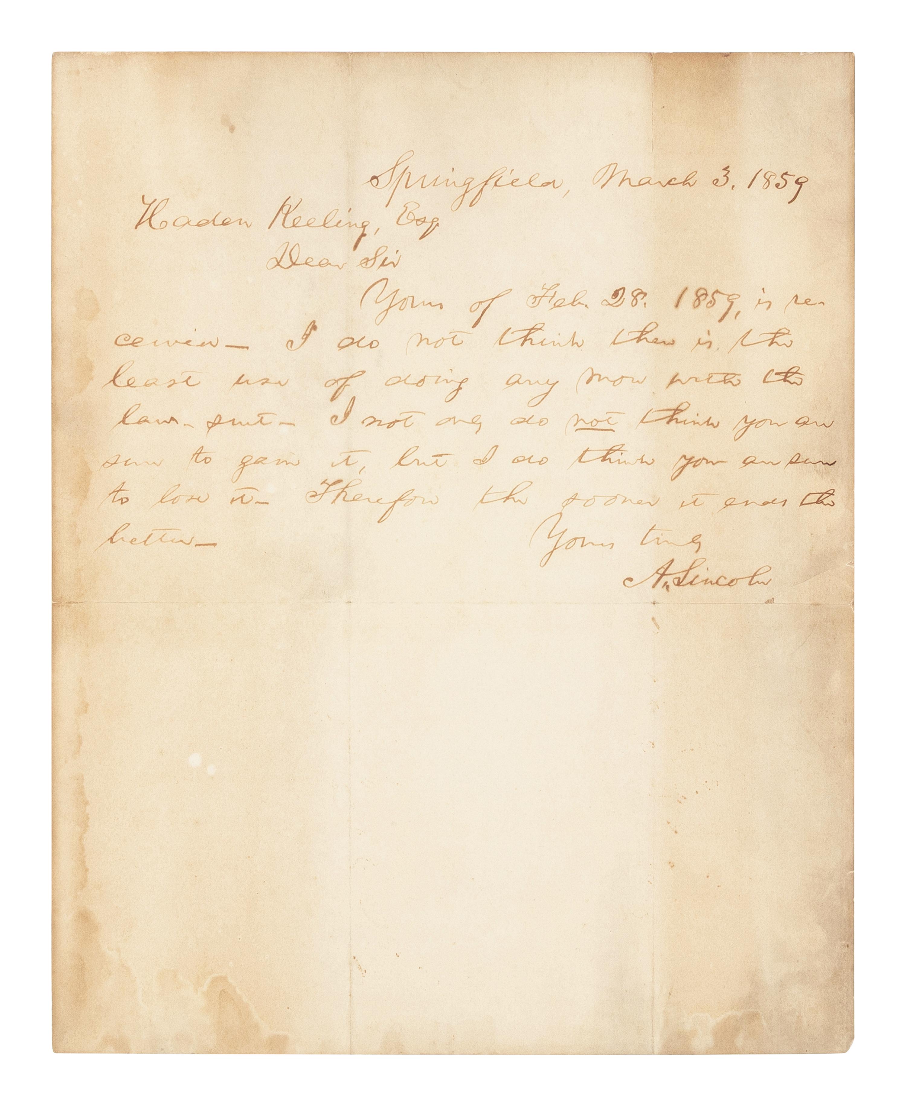 [Presidential] Lincoln, Abraham. Autograph Letter, signed