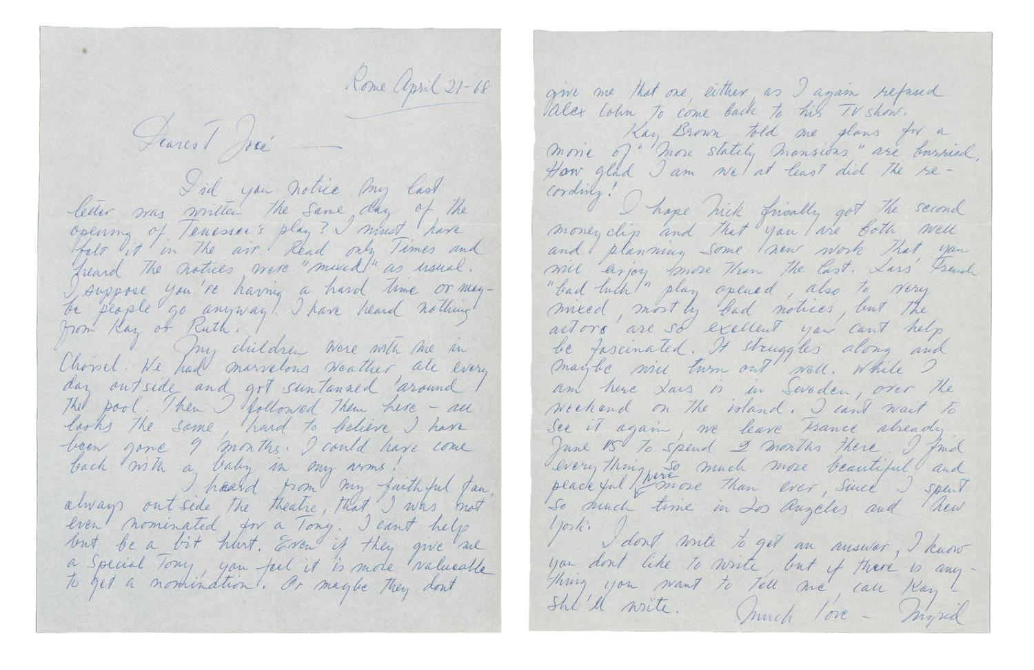 BERGMAN, Ingrid (1915-1982). Autographed letter signed ("Ingrid"), to director Jose Quintero, n.p., 21 April 1968.