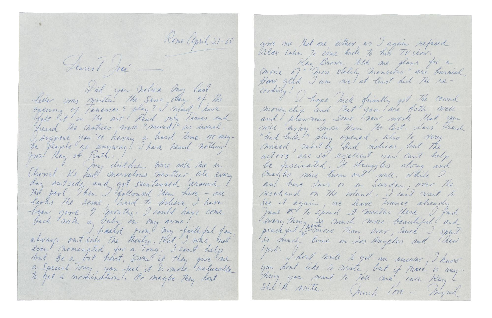 BERGMAN, Ingrid (1915-1982). Autographed letter signed ("Ingrid"), to director Jose Quintero, n.p., 21 April 1968.