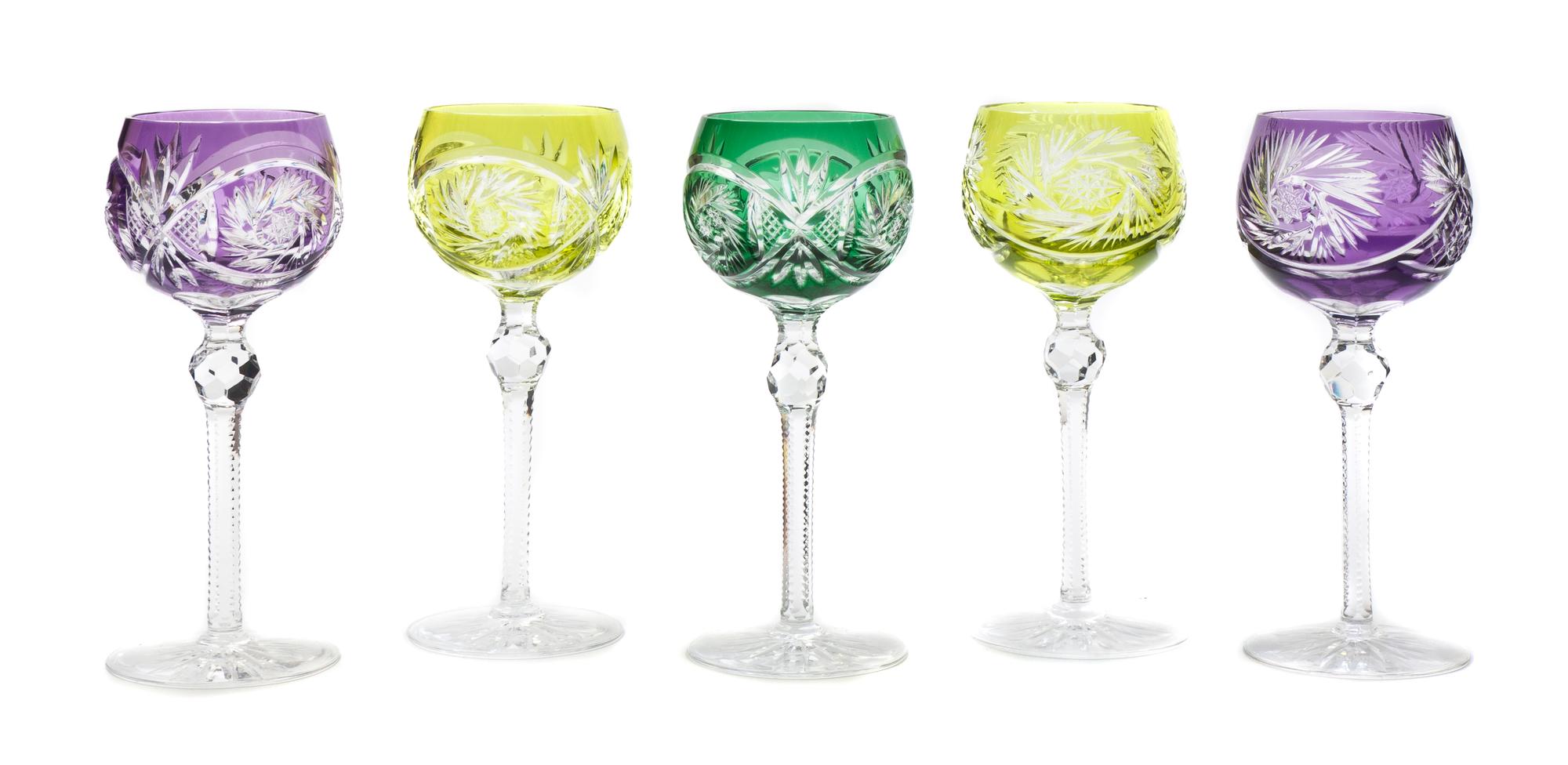 Five Bohemian Cut-to-Clear Glass Stems, Height 7 5/8 inches.