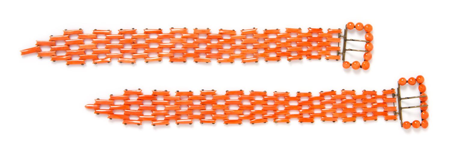 A Pair of Victorian Coral Buckle Bracelets, 37.50 dwts.