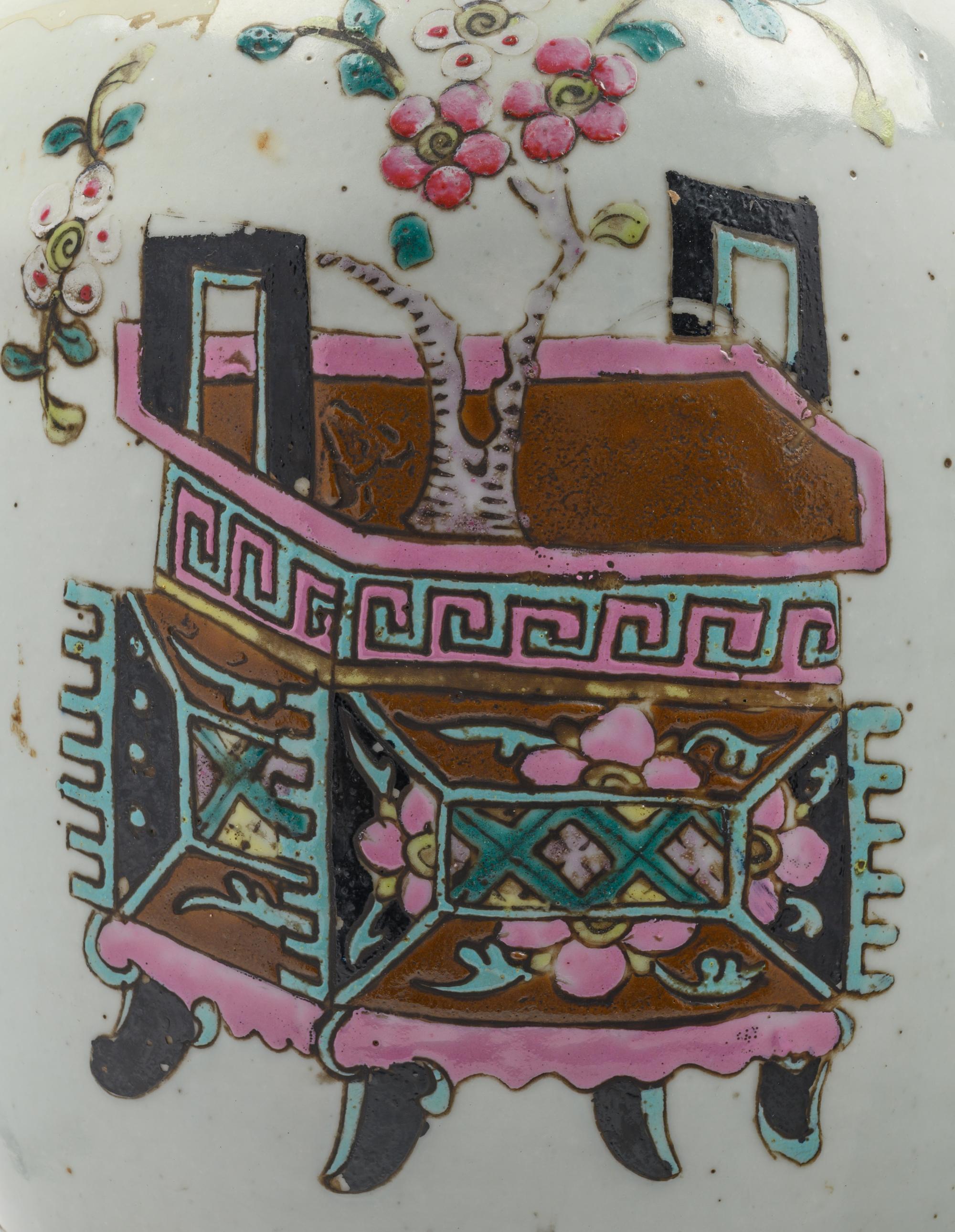 A Near Pair of Chinese Polychrome Enameled Porcelain Jars