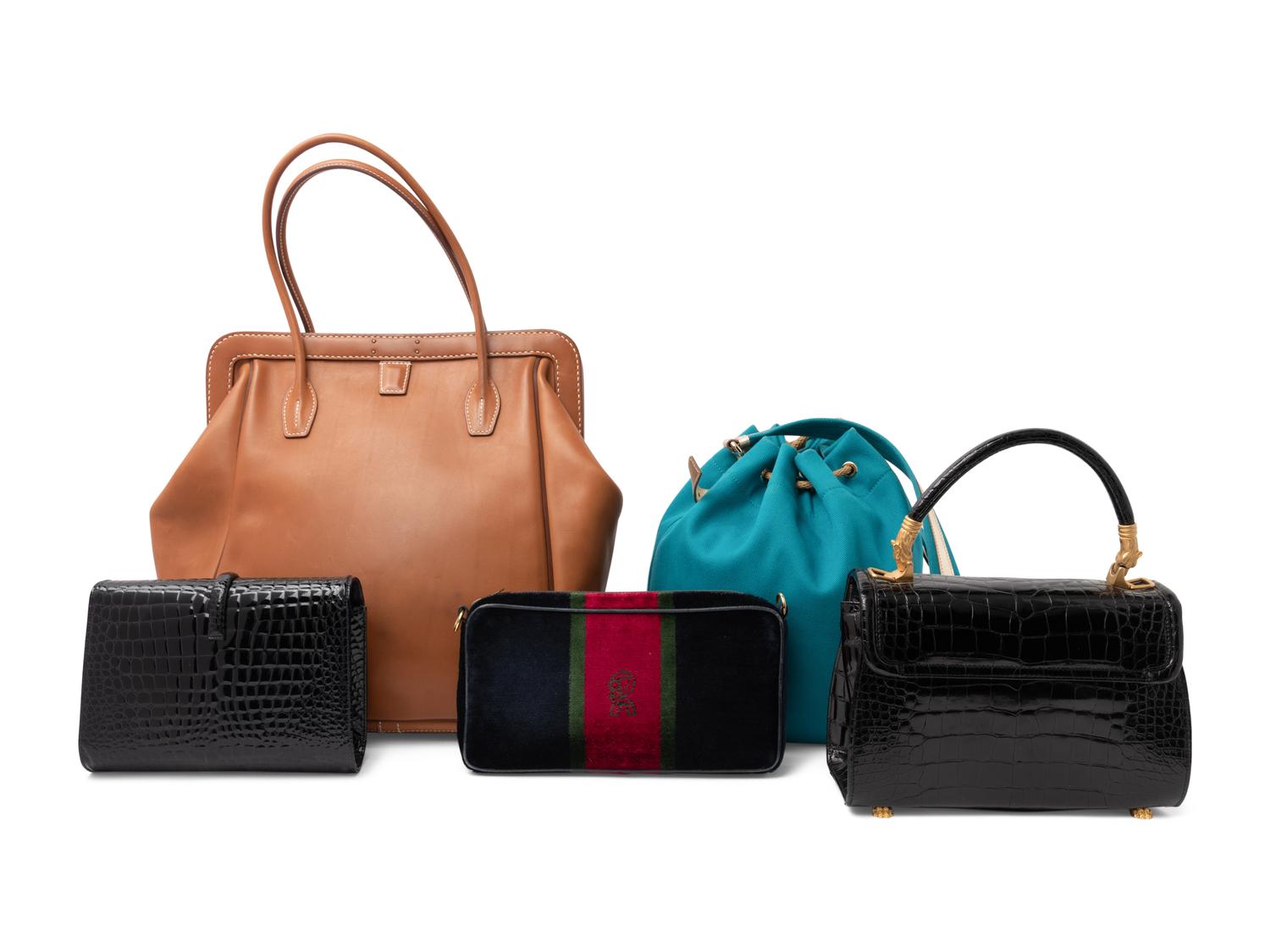 Five Designer Handbags: One Roberta di Camerino, One YSL, One Hermes, and Two Unlabeled Exotic Skin Bags