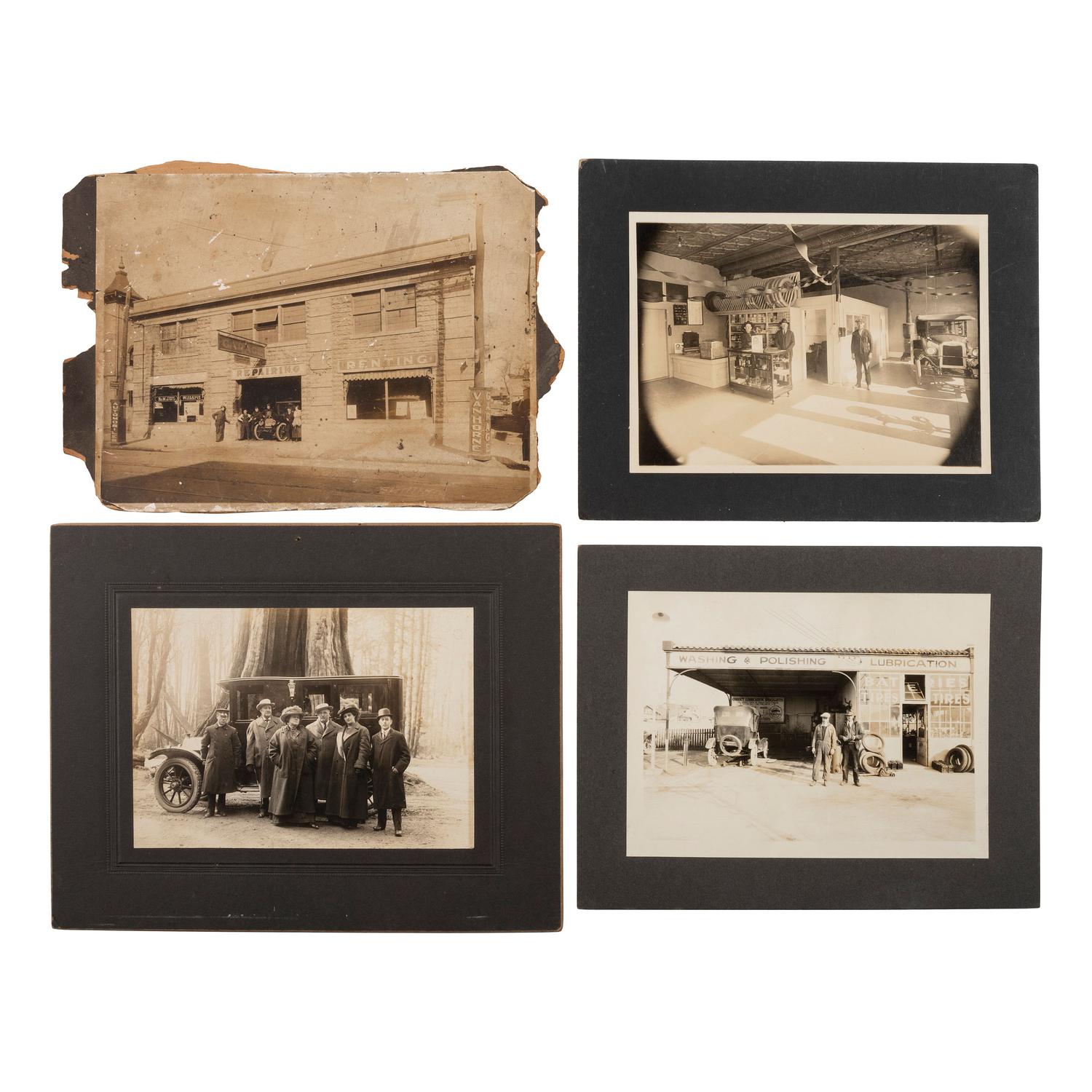 [EARLY PHOTOGRAPHY] --[AUTOMOBILES]. A group of photographs of early automobiles, mechanics and auto shops, including racing action shots, comprising: