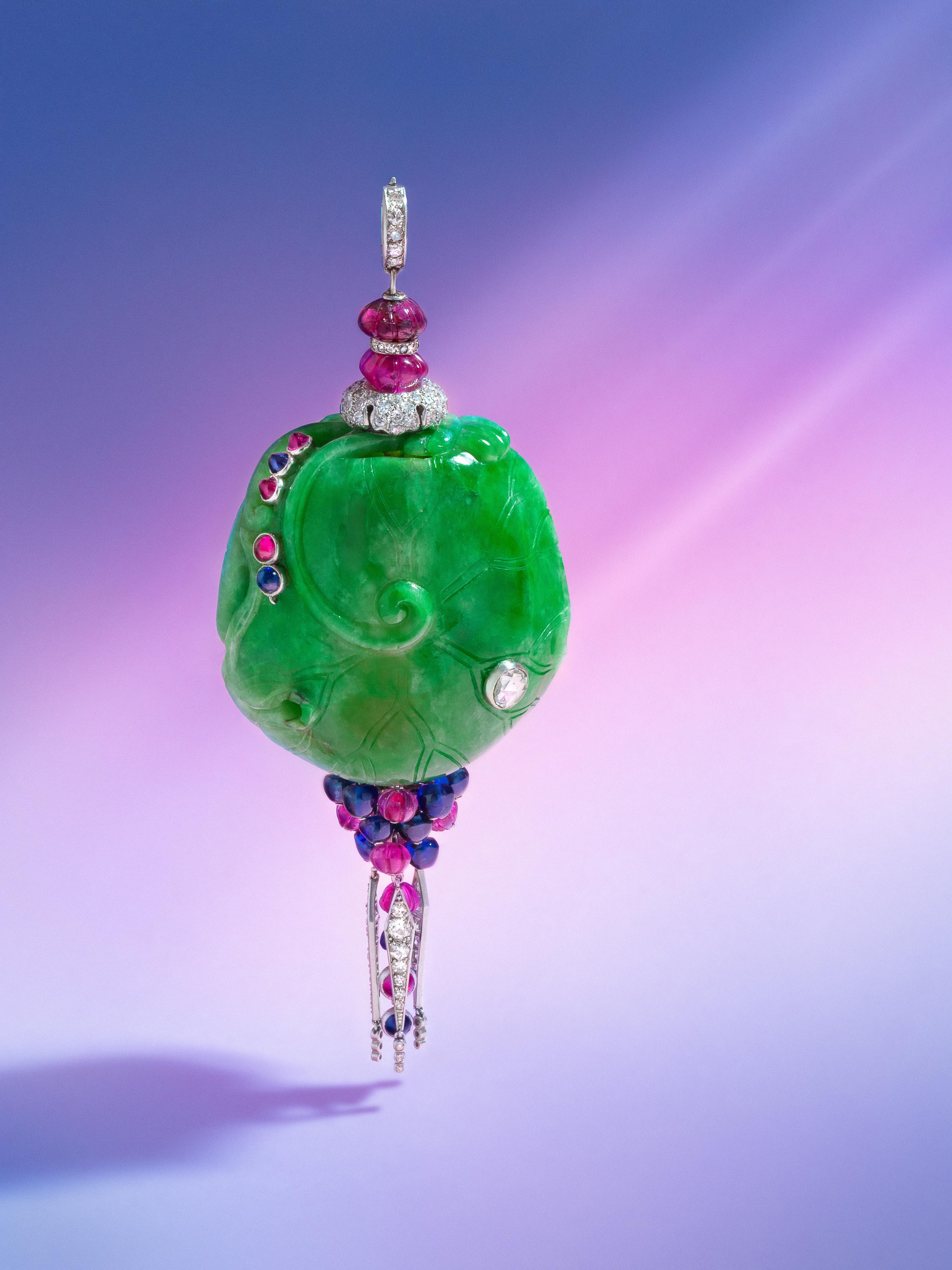 CARTIER, ART DECO, JADE, DIAMOND AND MULTIGEM PENDANT