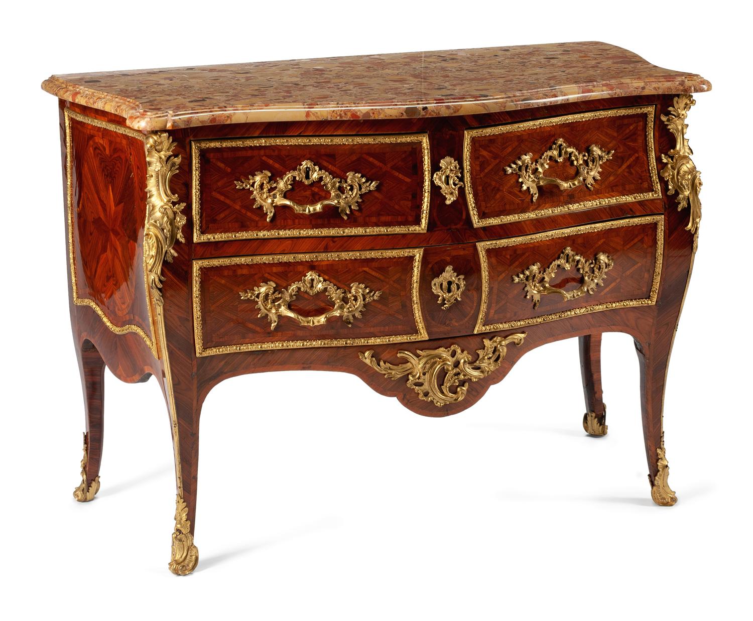A Louis XV Style Gilt Bronze Mounted Kingwood and Parquetry Commode