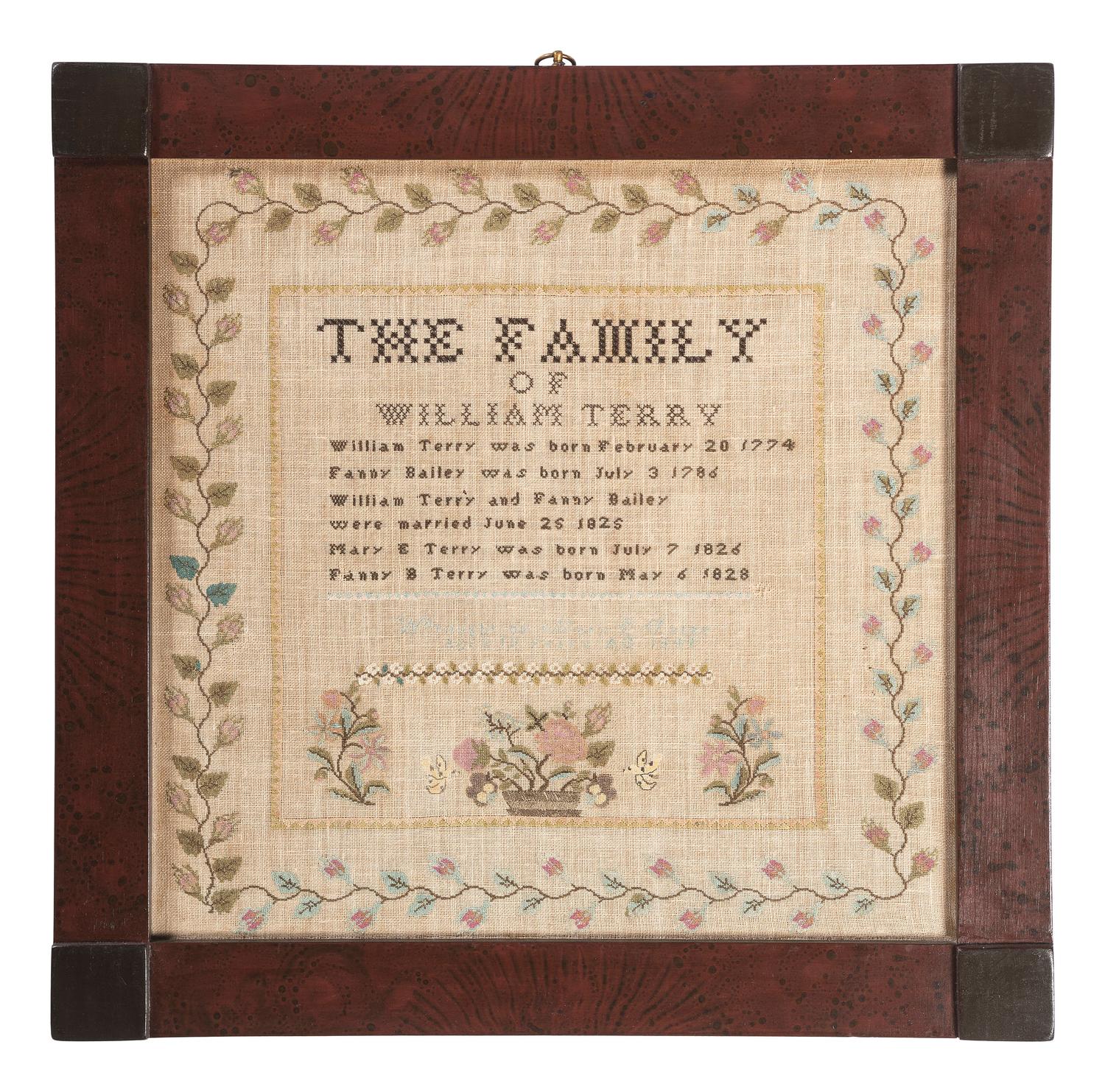 A Family Tree Embroidered Needlework, Wrought by Mary Terry, 1841