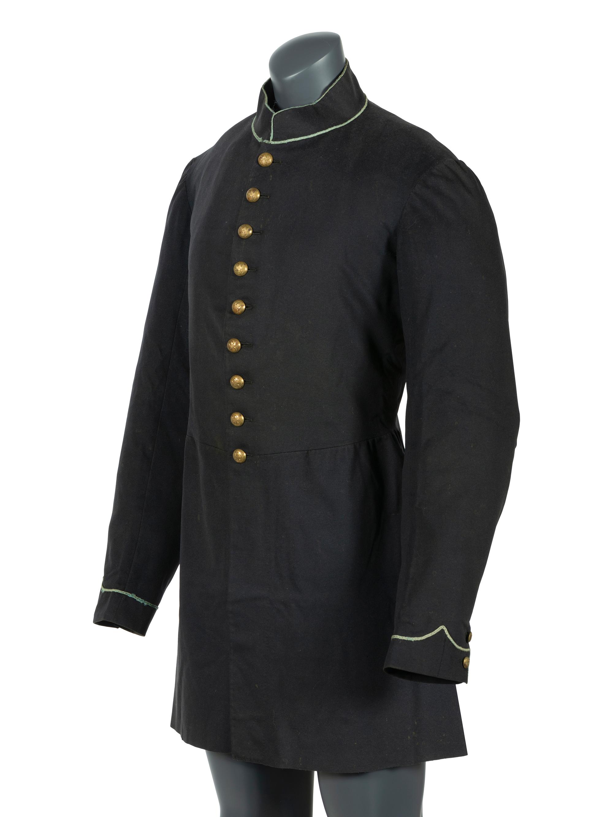 Civil War regulation Model 1858 infantry frock coat identified to Private James C. Woods, Company E, 5th Ohio Infantry.