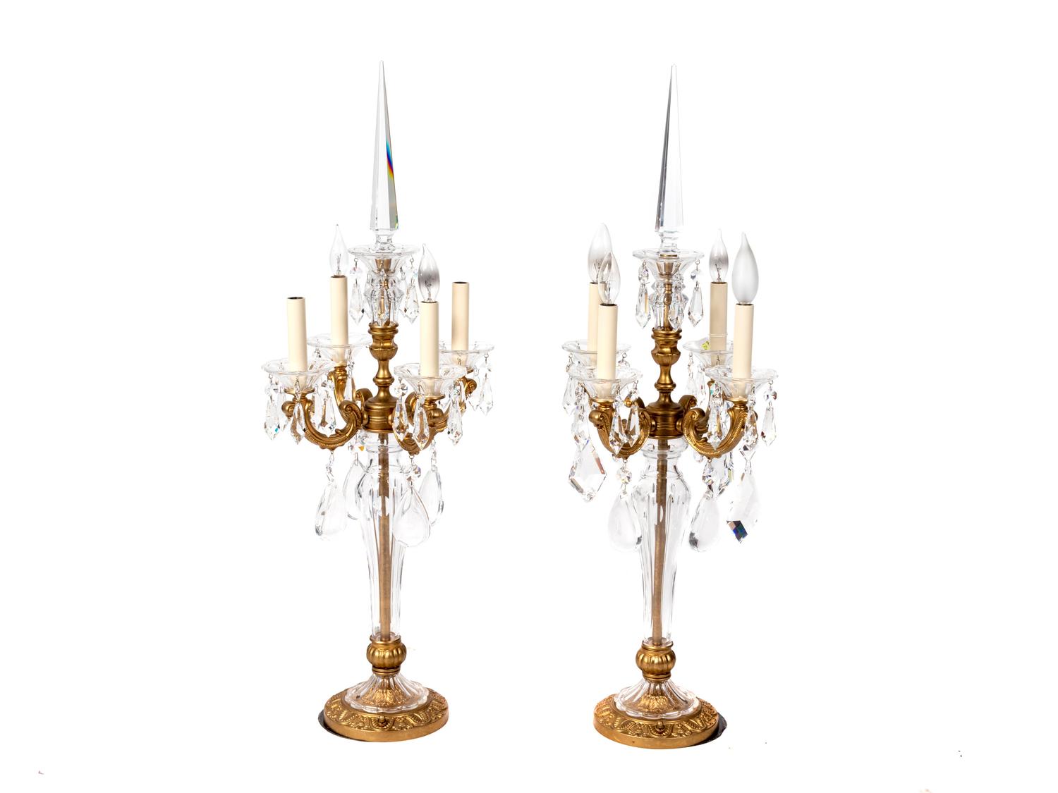 A Pair of Four-Light Gilt Metal and Crystal Four-Light Candelabra — 20TH CENTURY