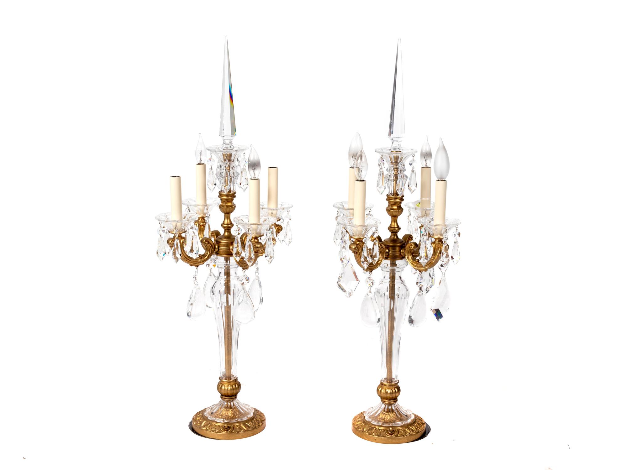 A Pair of Four-Light Gilt Metal and Crystal Four-Light Candelabra — 20TH CENTURY