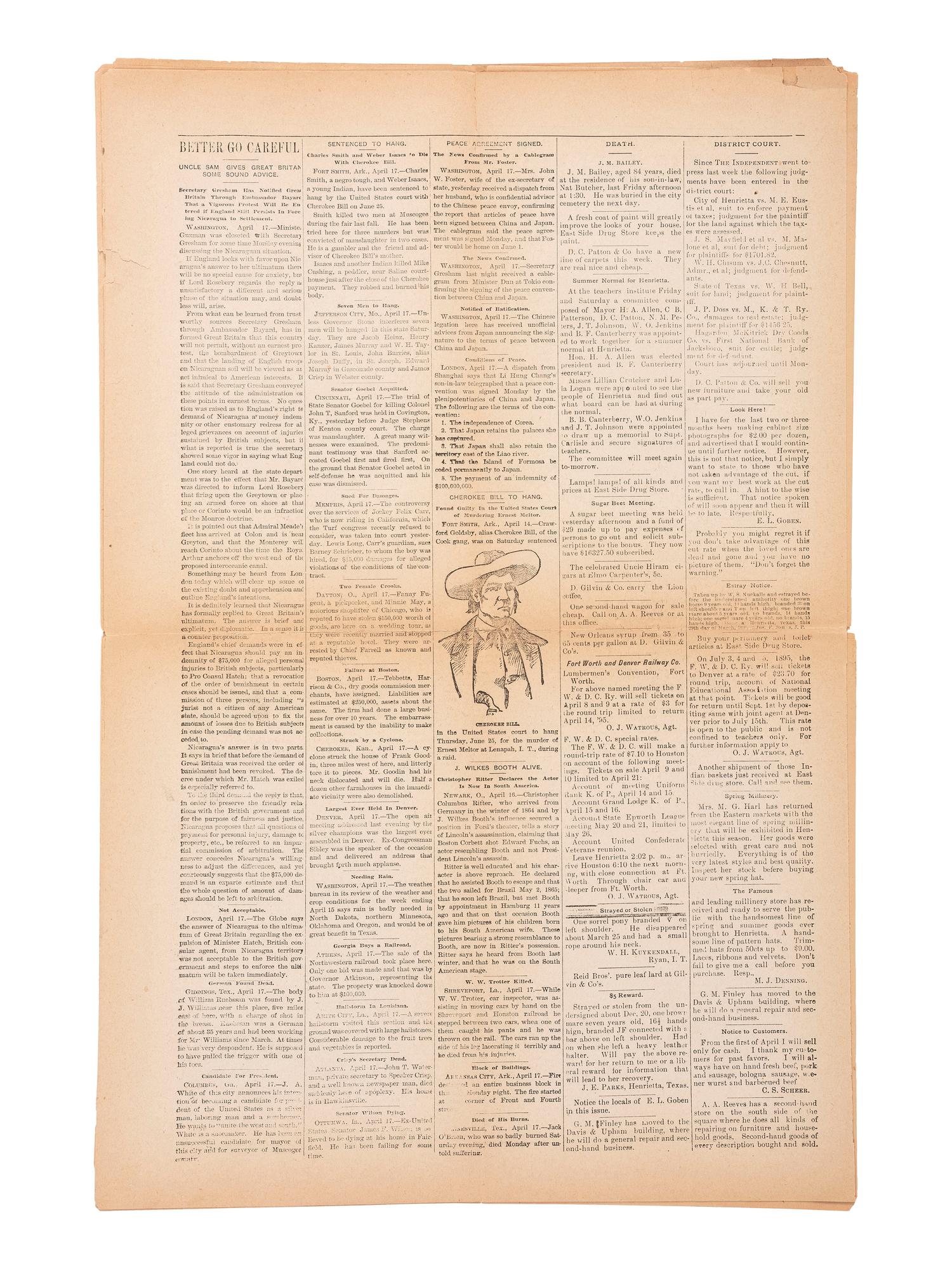 [OUTLAWS & LAWMEN]. The Henrietta Independent . Vol. II, No. 33. Clay County, TX: 19 April 1895. Featuring portrait of outlaw "Cherokee Bill" and details about his execution.