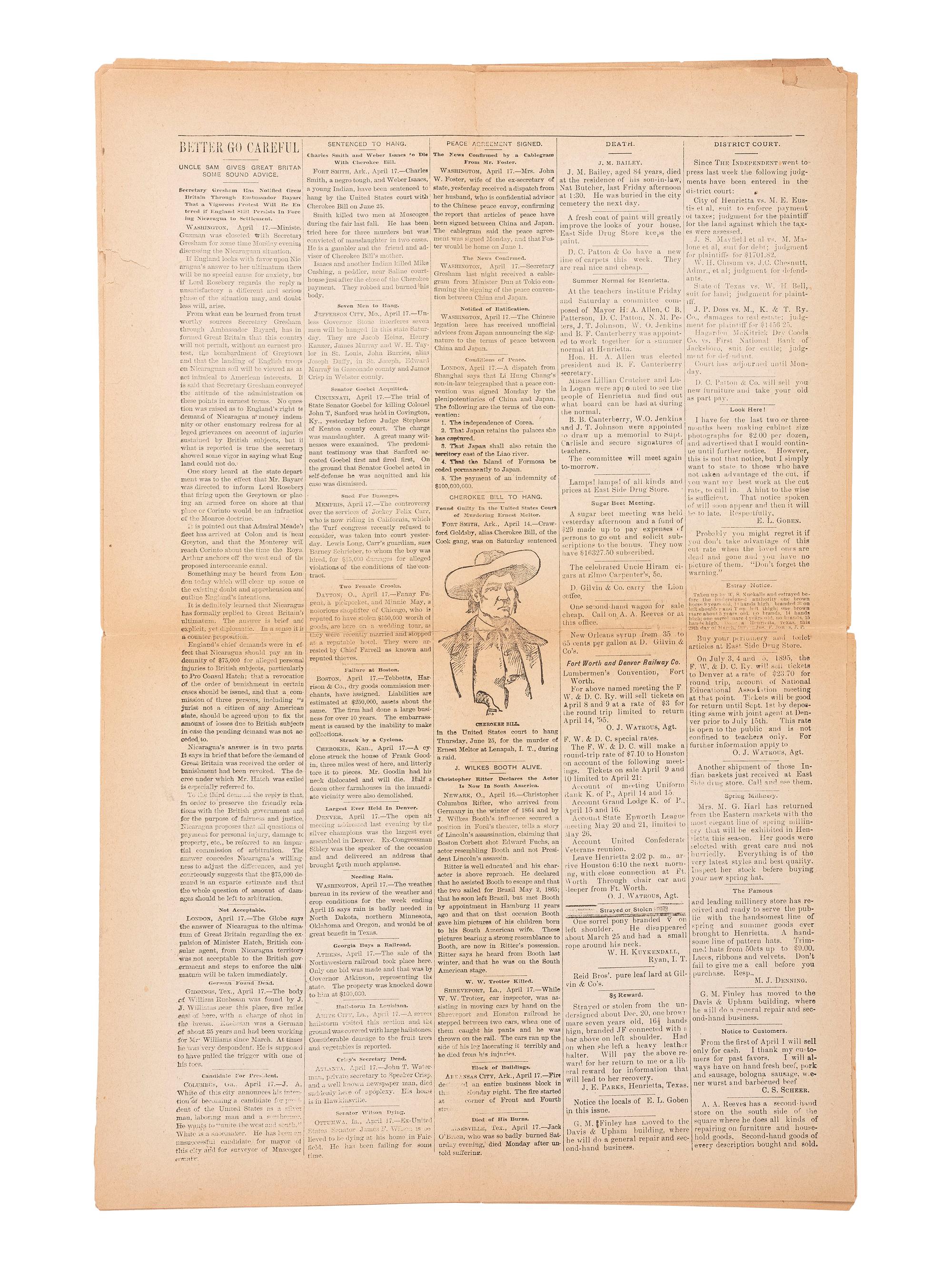 [OUTLAWS & LAWMEN]. The Henrietta Independent . Vol. II, No. 33. Clay County, TX: 19 April 1895. Featuring portrait of outlaw "Cherokee Bill" and details about his execution.