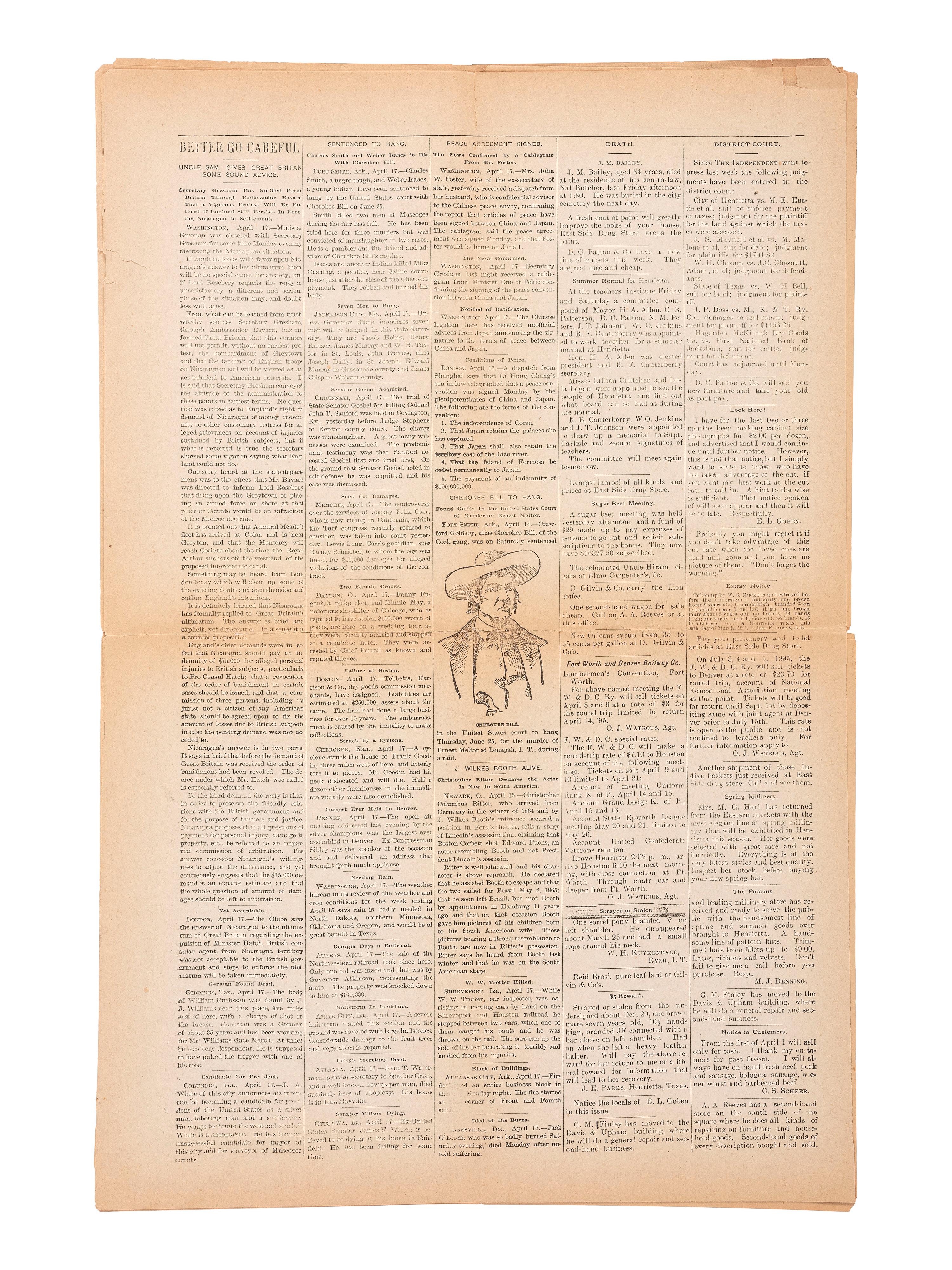 [OUTLAWS & LAWMEN]. The Henrietta Independent . Vol. II, No. 33. Clay County, TX: 19 April 1895. Featuring portrait of outlaw "Cherokee Bill" and details about his execution.